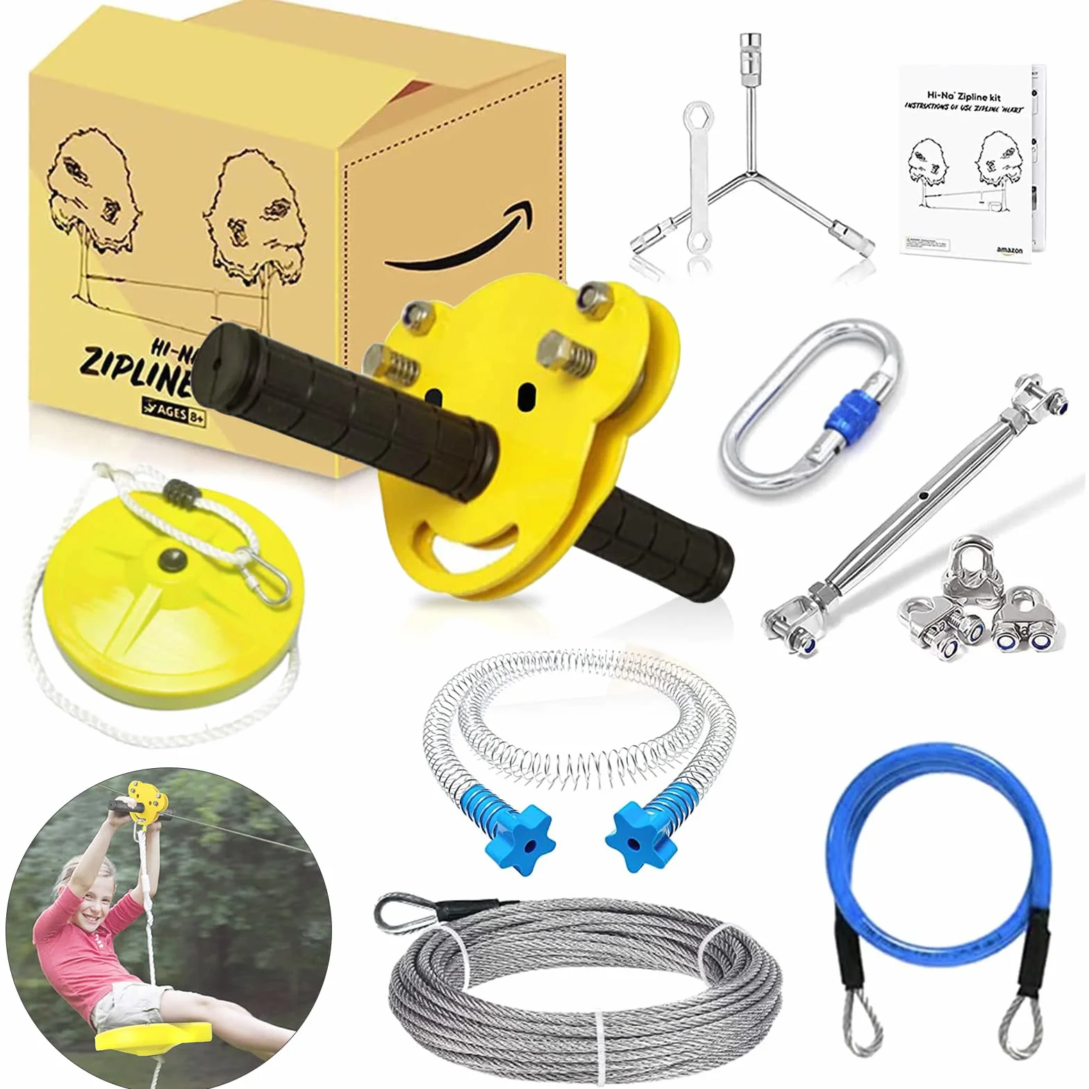 Tirolina, Shengyatu Zipline de 24 m 80 pies para niños y Adultos, Juego de Aventura en el Patio Trasero, fácil instalación, hasta 110 kg Resistente, Cable de Seguridad y Freno de Resorte, Juguetes