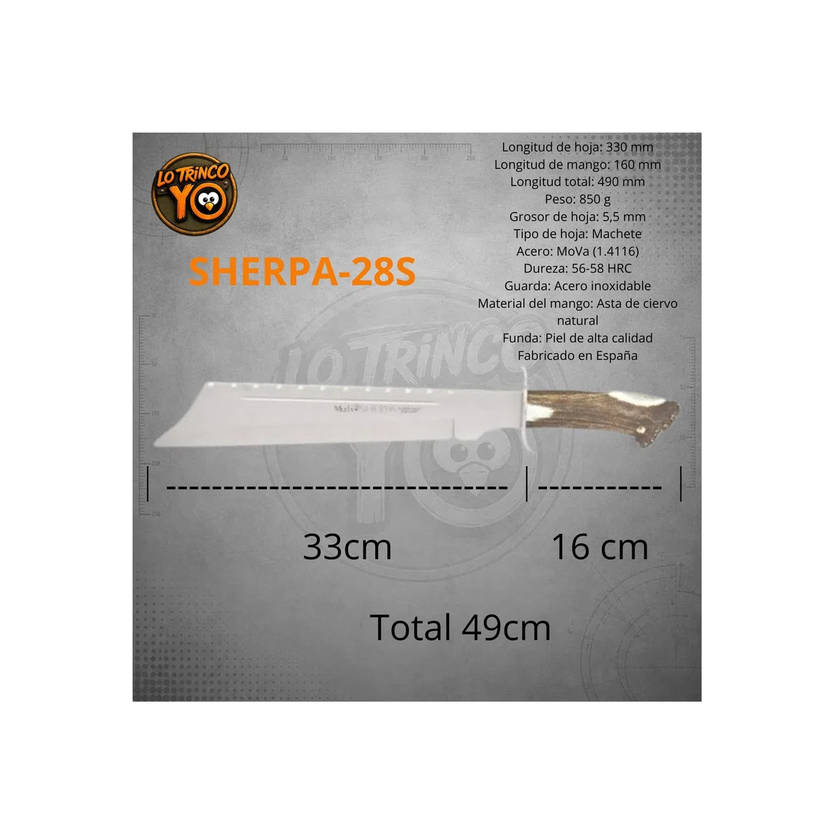 Muela SHERPA-28S Cuchillo Caza.Hoja fija 33cm. Acero MoVa y Mango Asta Ciervo y roseta. Fabricado en España | Ideal para Caza, Montería,Rececho, Pesca,Supervivencia, Outdoor y Bushcraft | LO TRINCO YO