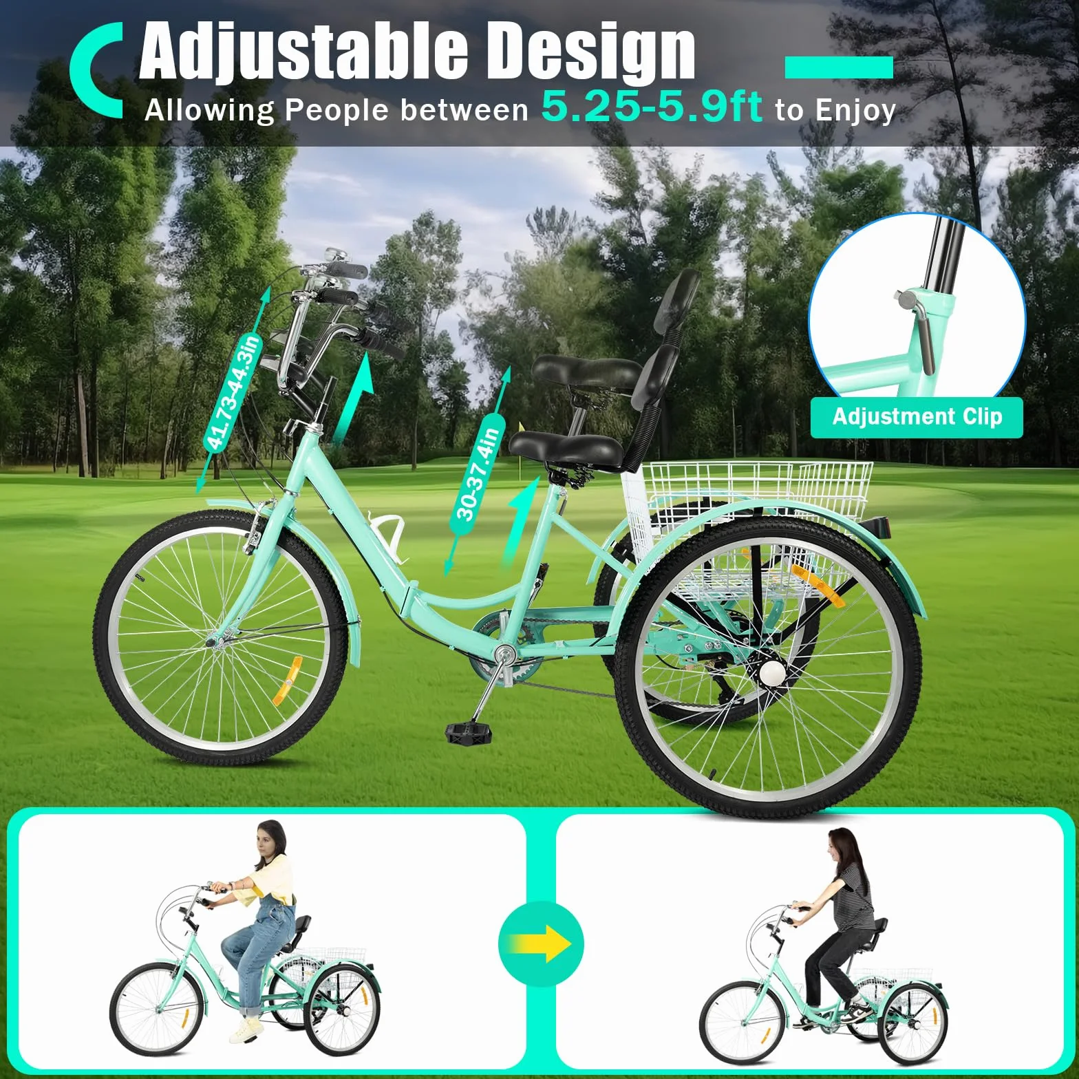 Triciclo de 24 pulgadas de 7 velocidades para adultos, bicicleta de crucero de 3 ruedas, bicicleta de carga, triciclo plegable con portavasos y cesta de verduras, ajustable para adultos