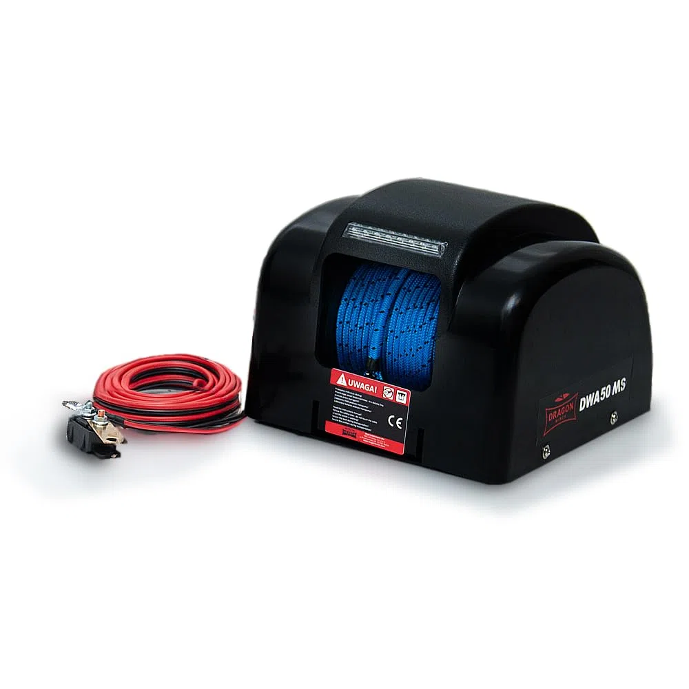 DRAGON WINCH Molinete Eléctrico 12V 50 lbs (22 kg) – Cabrestante 150W con Cuerda Sintética de 30,5 m y Control Remoto – para Barcos de Pesca, Lanchas, Botes – Kit