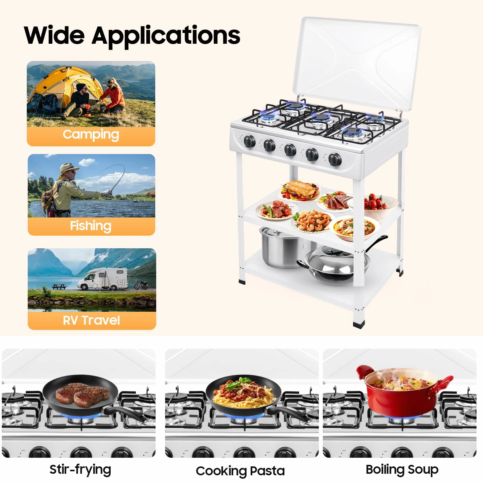 Hornillo de camping de 5 quemadores de 2,5 kW con tapa y 2 estantes, encendido manual, cocina de gas natural independiente para camping, autocaravana, exterior, viajes, pesca