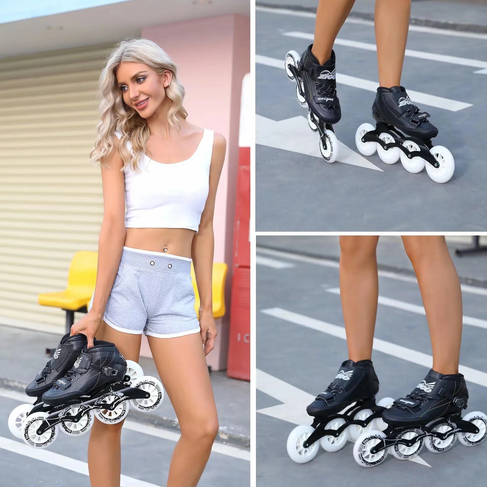 Patines de Velocidad en línea Profesionales con Carcasa de Fibra de Carbono, Ruedas de 3x110 mm, chasis de Aluminio, Ligeros y rápidos, diseñados para Carreras y Larga Distancia.
