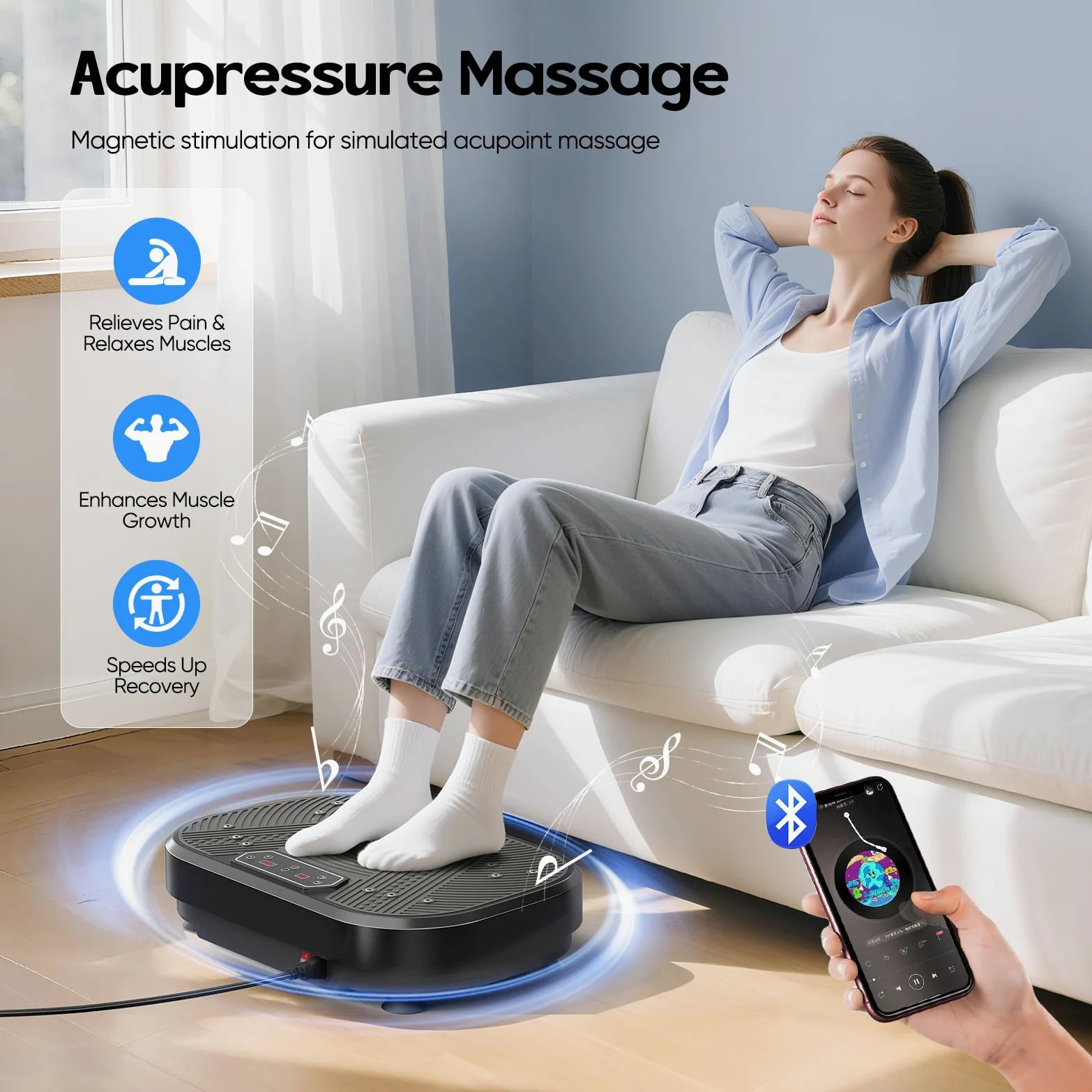 Plataforma Vibratoria, 120 Velocidades Plataforma Vibración Muscular para Musculación y Moldeado,Altavoz Bluetooth y Bandas Elásticas Fitness en Casa para Quemar Grasa y Adelgazar