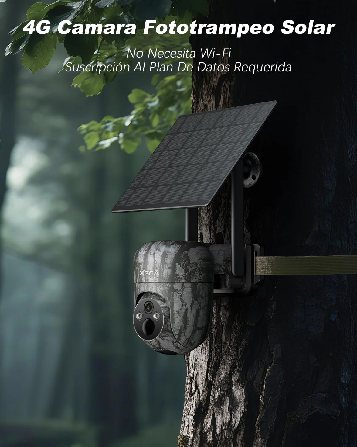 Xega 4G Camara De Caza Solar con Tarjeta SIM, 2K 3MP Exterior Fototrampeo Inalámbrica PTZ con Visión Nocturna Detección Personalizada Proyector/Sirena Alertas en App y Almacenamiento TF/Nube(Sin WiFi)