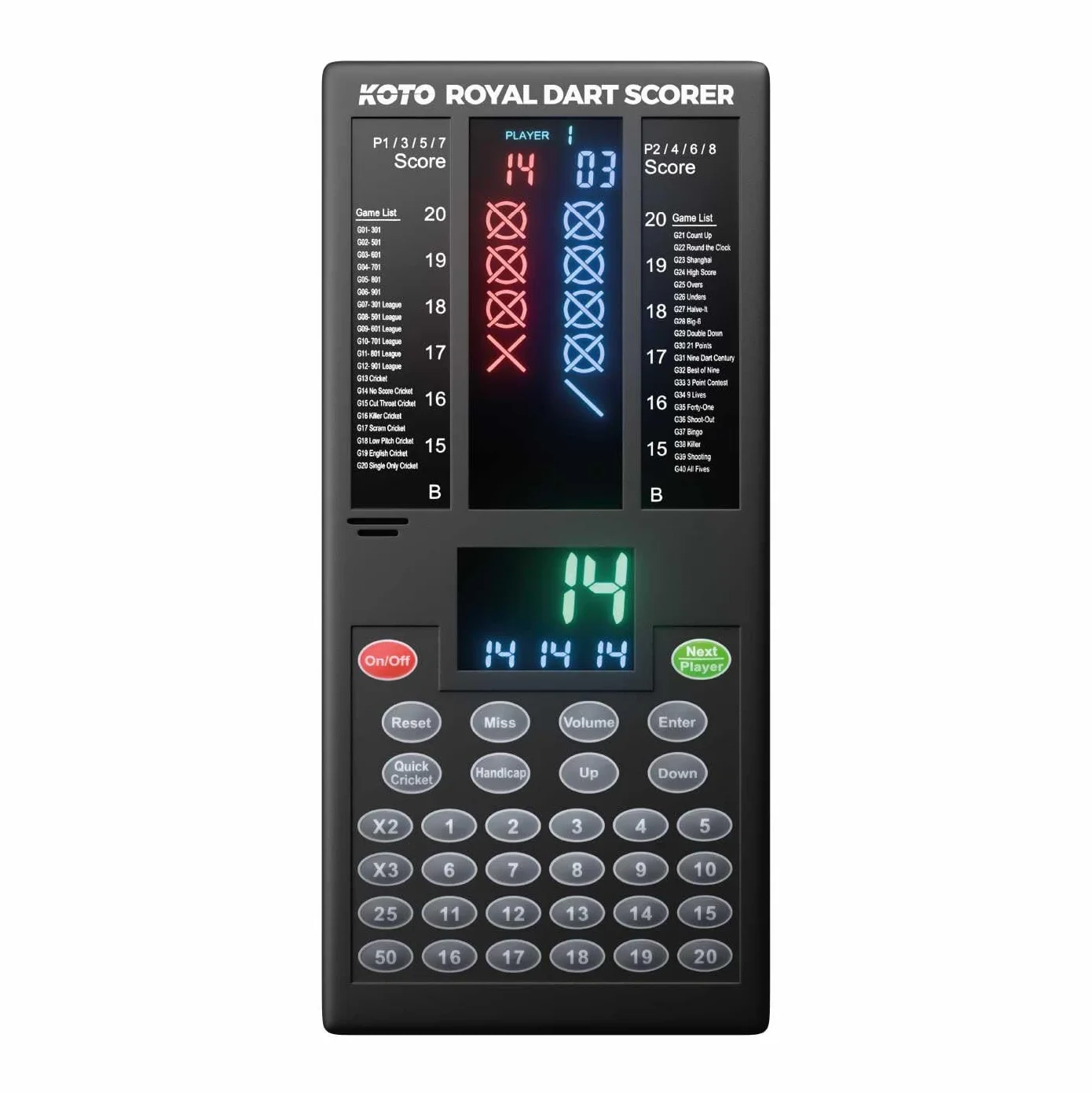 KOTO – Marcador de Dardos Electrónico con 40 Juegos, Pantalla de Puntuación, Apto para 8 Jugadores, Incluye Fijación a la Pared, Funciona con Pilas