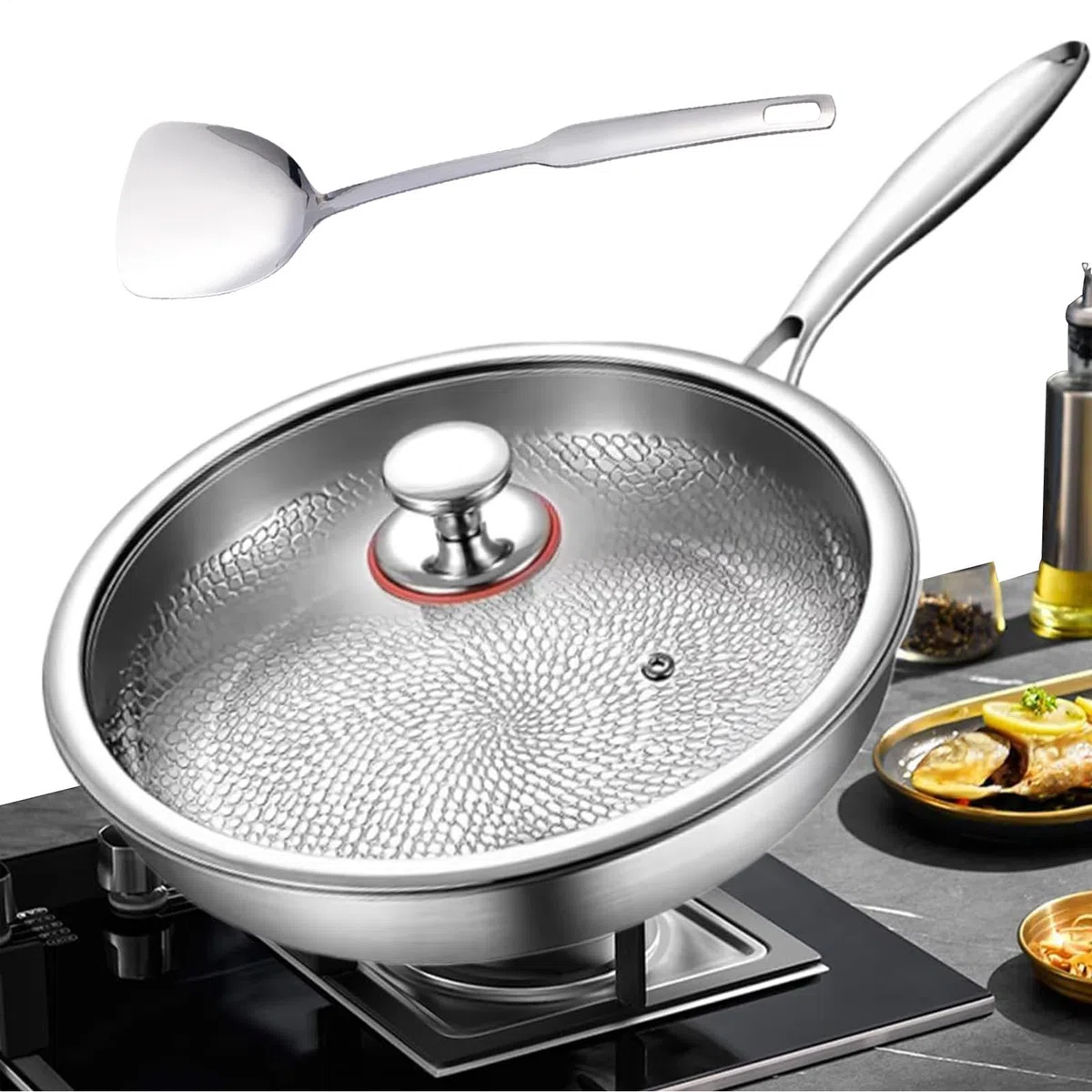 Titanium Kitchen Mental | Notoring Pan Y Espátula Incluido - Woks Y Ollas Para Saltar Carnes, Pescado, Panqueques Y Sartén De Titanio Cocinar Bandeja De Titanio Para Cocinar Bandeja De Titanio Para