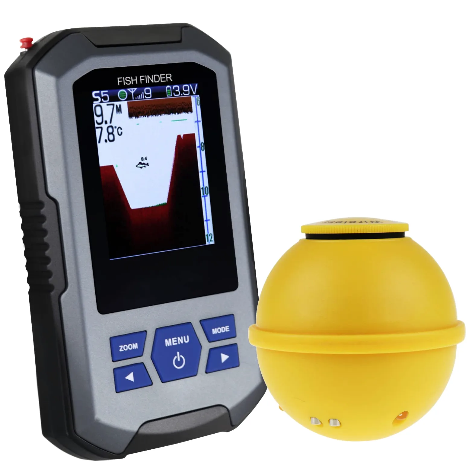 Localizador de Peces Inalámbrico Sensor de Sonda 125kHz Frecuencia 45 Metros / 147 Pies Profundidad Alarma Función y Largo LCD Monitor