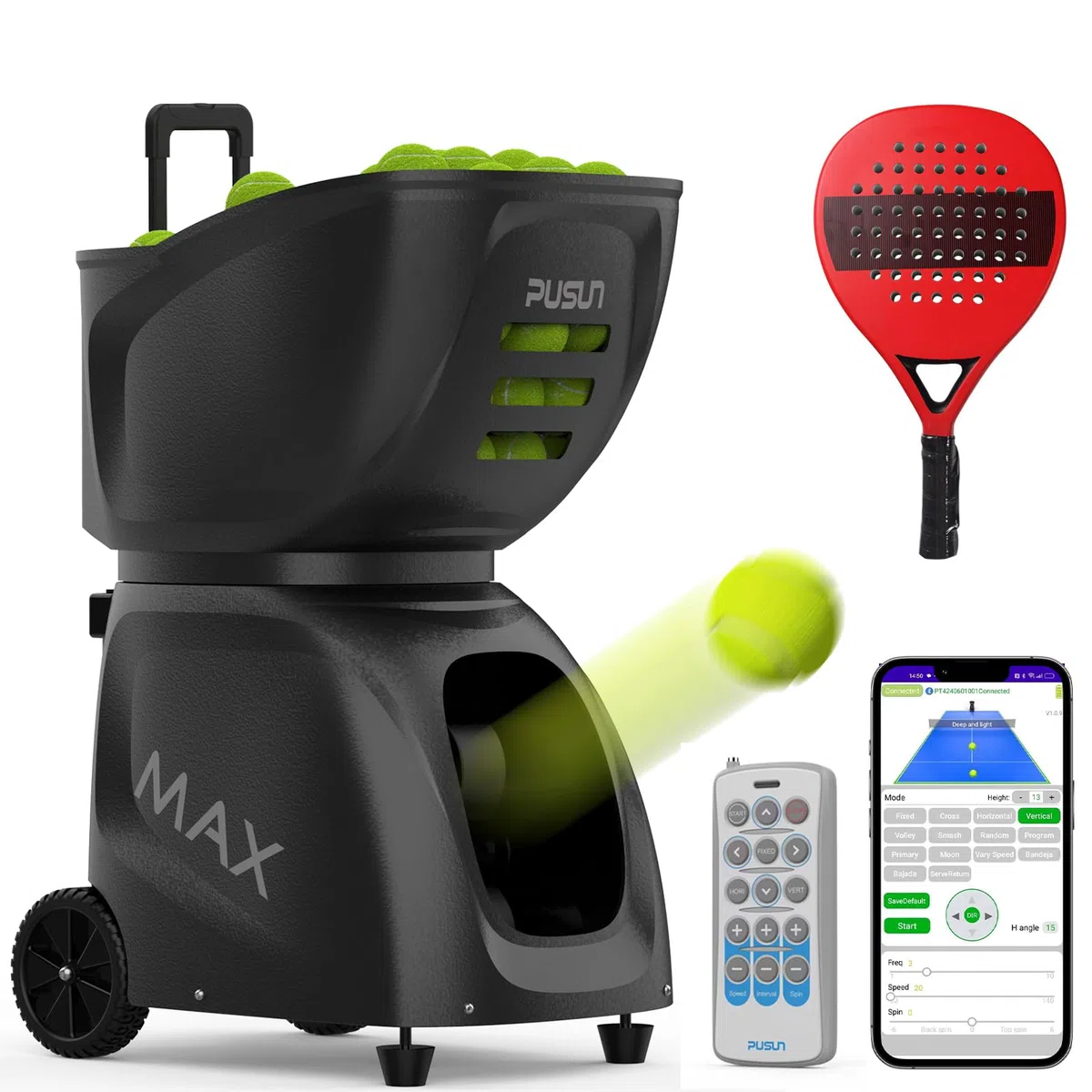 PUSUN Padel-MAX C-Máquina Lanzapelotas de Pádel Profesional | Control App | 28 Puntos y 26 Modos | Velocidad 140km/h | 5-7 Horas Batería | Sistema Avanzado para Entrenamiento Personal