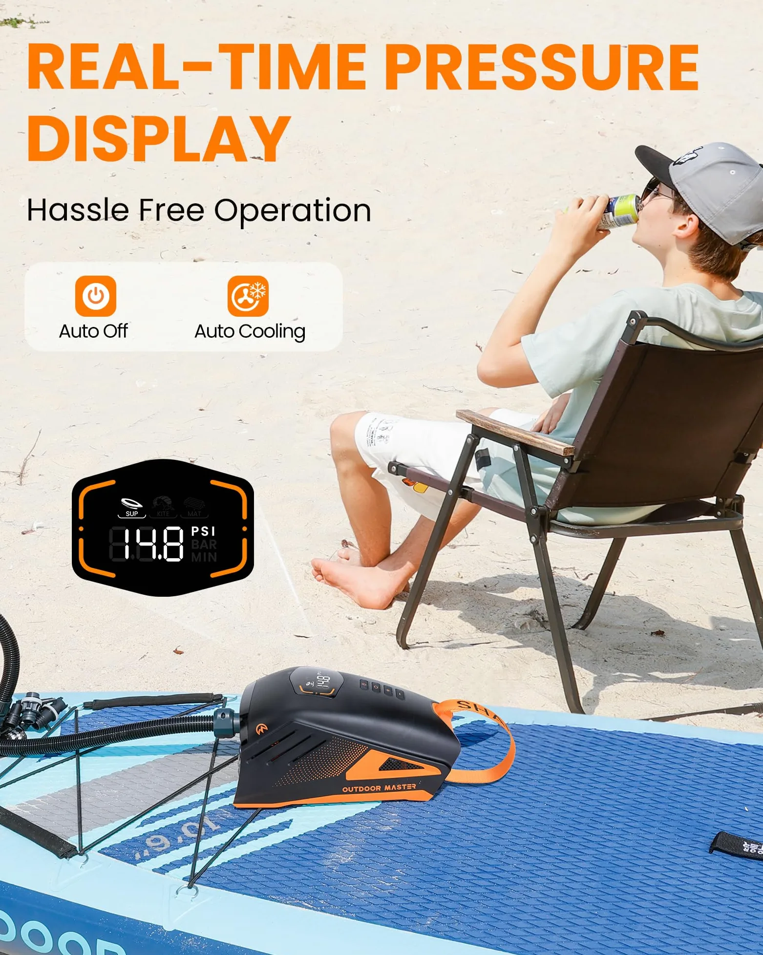 OutdoorMaster Shark 3 Bomba de Aire Electrica - Inflation Rapide en 3'50", 20PSI Sup Bomba Recargable pour Sup de 74Wh - Arrêt Automatique et Déflation, Entrée 12V/15,8V DC et Type-C, 8 Boquillas