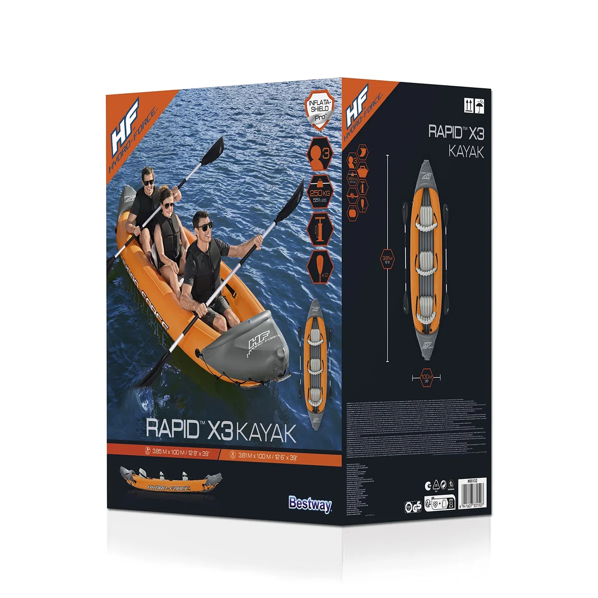 Bestway Kayak Hydro-Force Rapid X3 | Juego de Barco Inflable con Bomba de Mano, paletas, Asientos, Aletas y Bolsa de Almacenamiento | Tres plazas