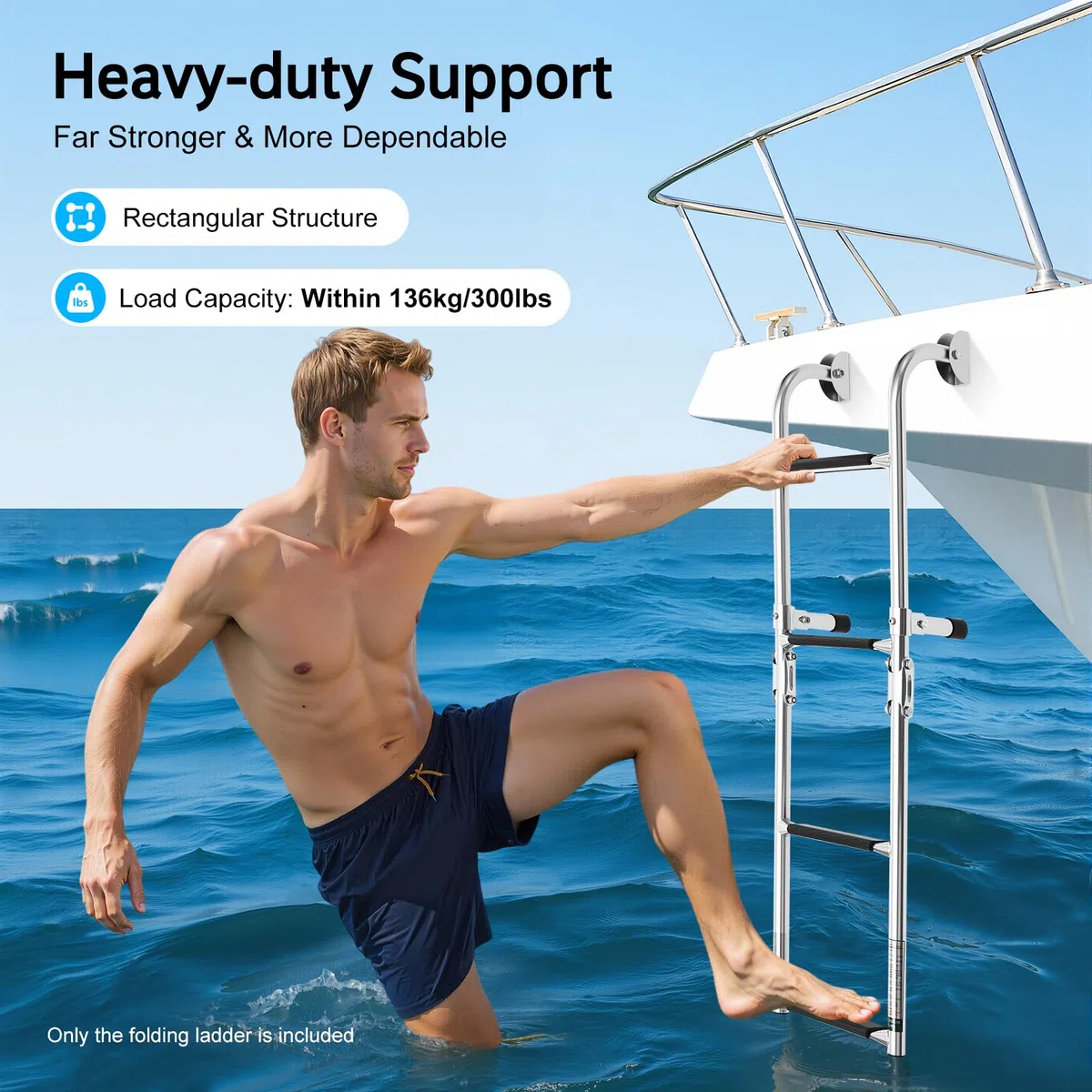 Escalera telescópica plegable de 4 peldaños, acero inoxidable para barco, yate, peldaños antideslizantes y carga máxima de 136 kg, para pontón, barco, yate, piscina cubierta