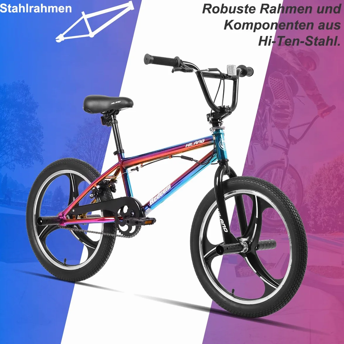 Hiland Bicicleta BMX Infantil de 20 Pulgadas,3 radios,para niños y niñas a Partir de 7 años,Rotor de 360 Grados,Estilo Libre,4 Clavijas de Velocidad única para niños BMX,Colorido