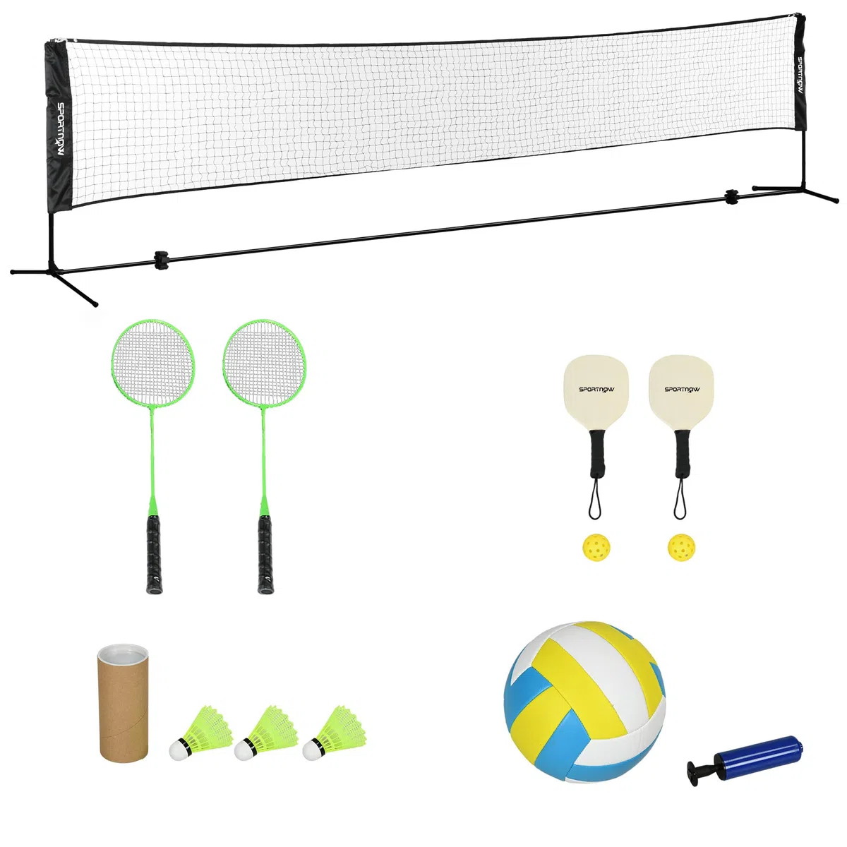 SPORTNOW Juego completo de bádminton, Pickleball y Voleibol, 3 en 1, juegos deportivos al aire libre con red altura ajustable 107-155 cm