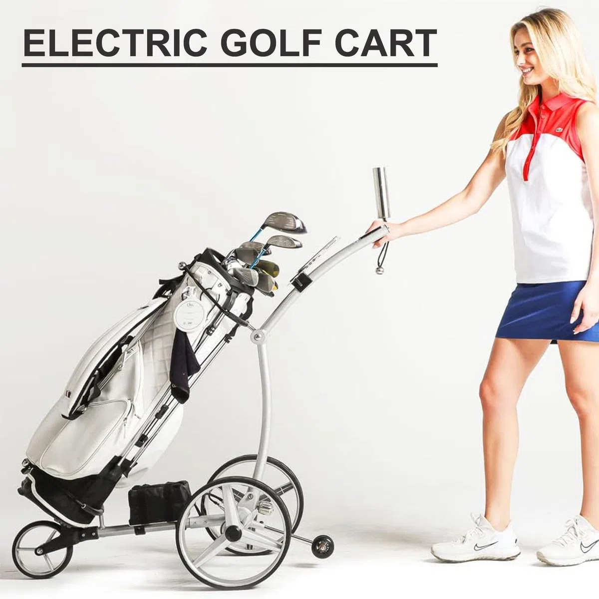 Carrito de golf eléctrico de 3 ruedas con control remoto, plegable con soporte para teléfono celular y soporte para paraguas, carrito de doble motor para un fácil transporte de golf