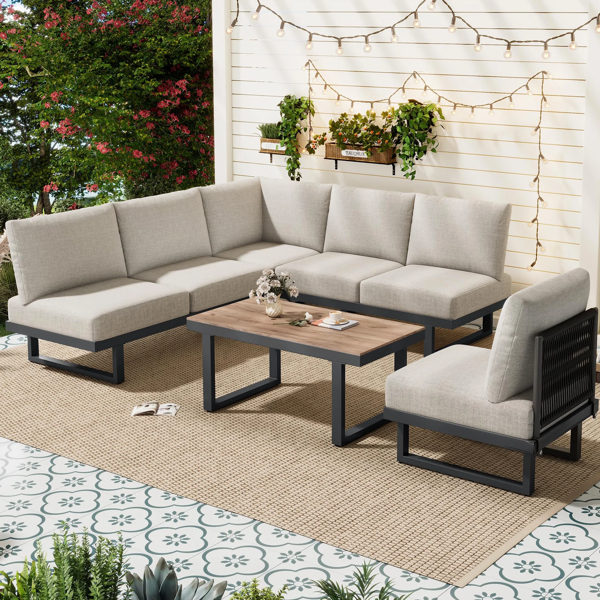 TIZZ Juego de muebles de jardín, sillones de jardín, sofá esquinero, cama relax al aire libre, mesa de café, se puede convertir en una cama reclinable, acero galvanizado, gris