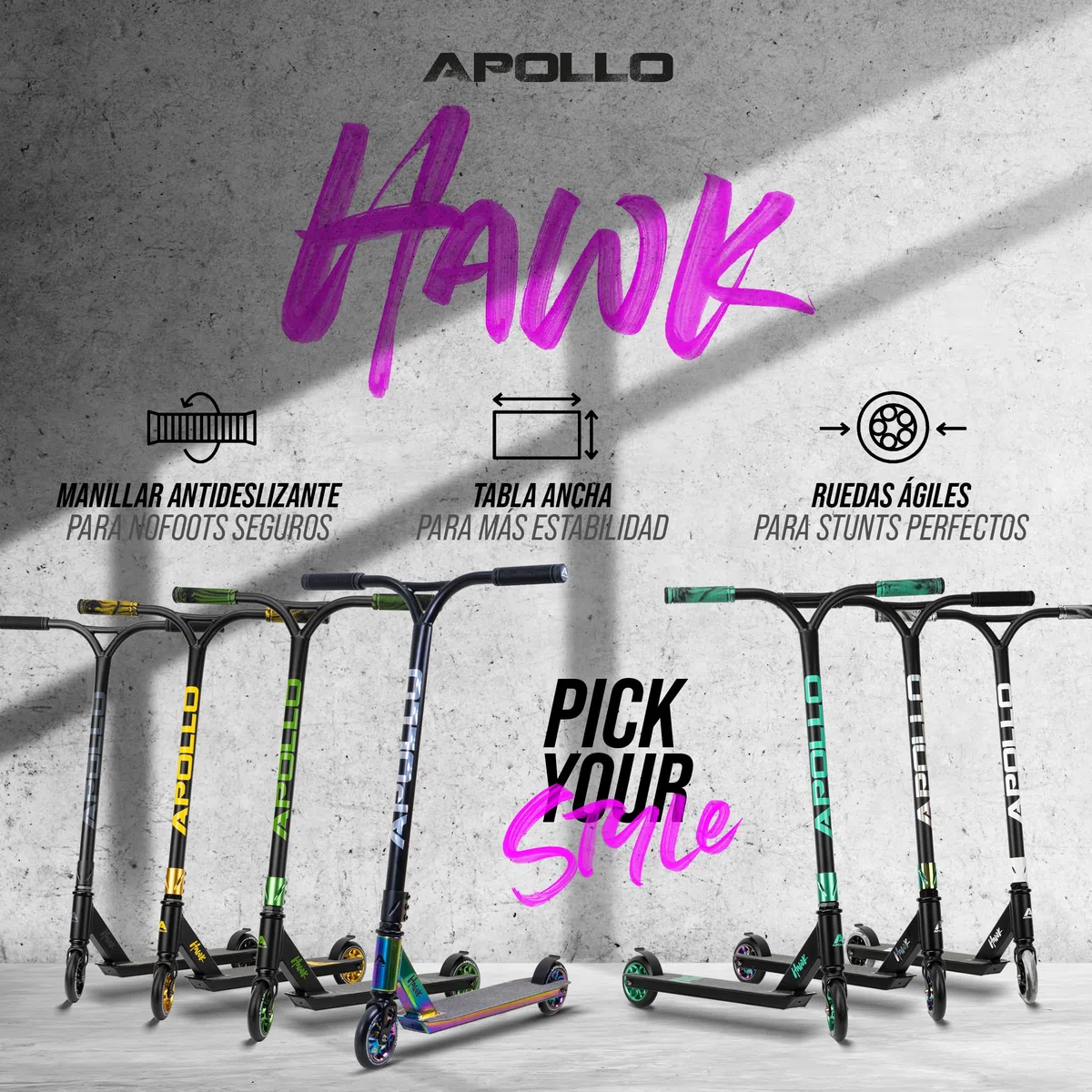 Apollo Patinete de Acrobacias Hawk | Freestyle Kickscooter para Niños y Adultos | Patinete Infantil de Trucos para Principiantes y Expertos | Niños y Niñas a Partir de 6 Años