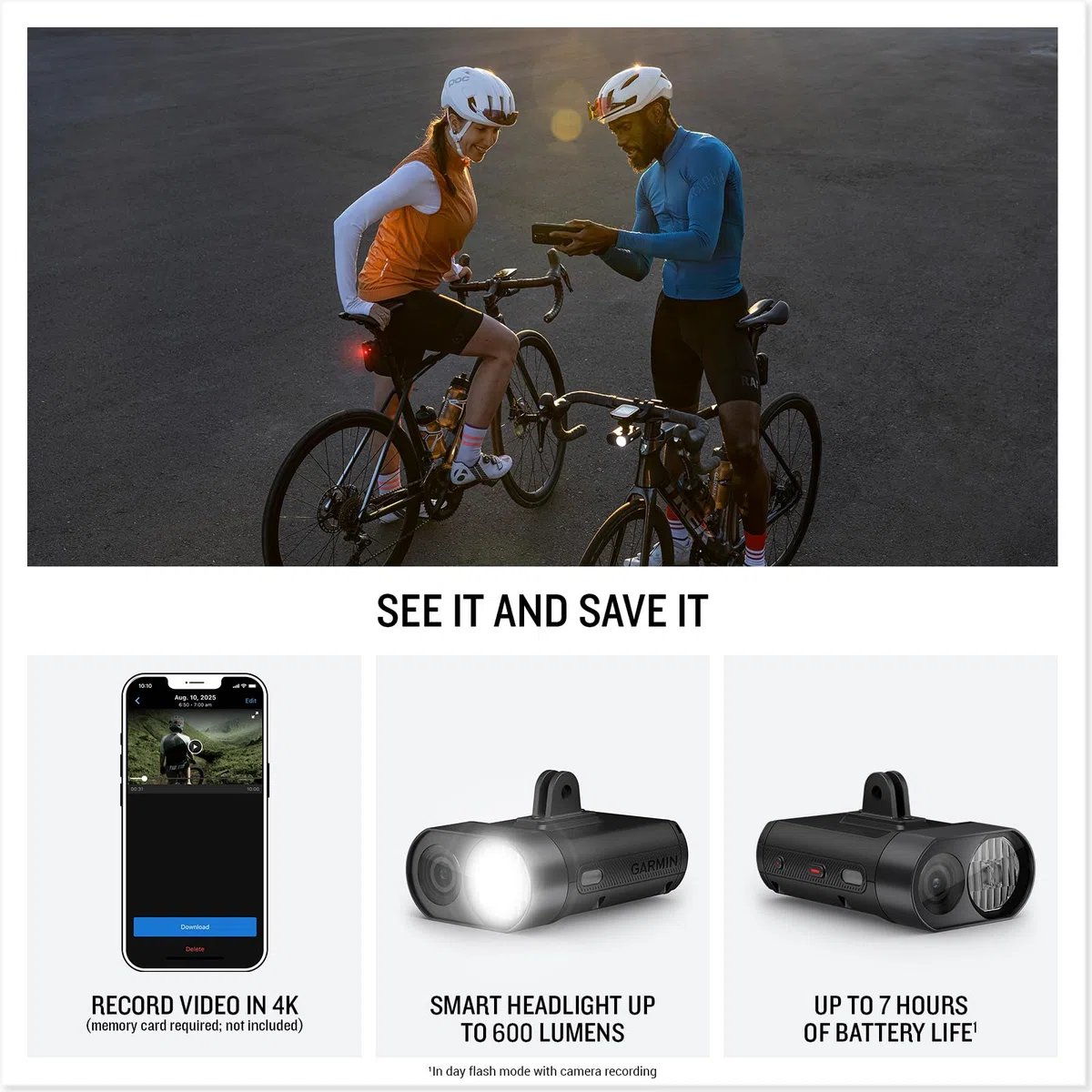 Garmin Varia Vue Luz Frontal para Ciclismo con Cámara 4K, guarda automáticamente las grabaciones, detección de incidentes, hasta 600 lúmenes, iluminación lateral, control automático de brillo