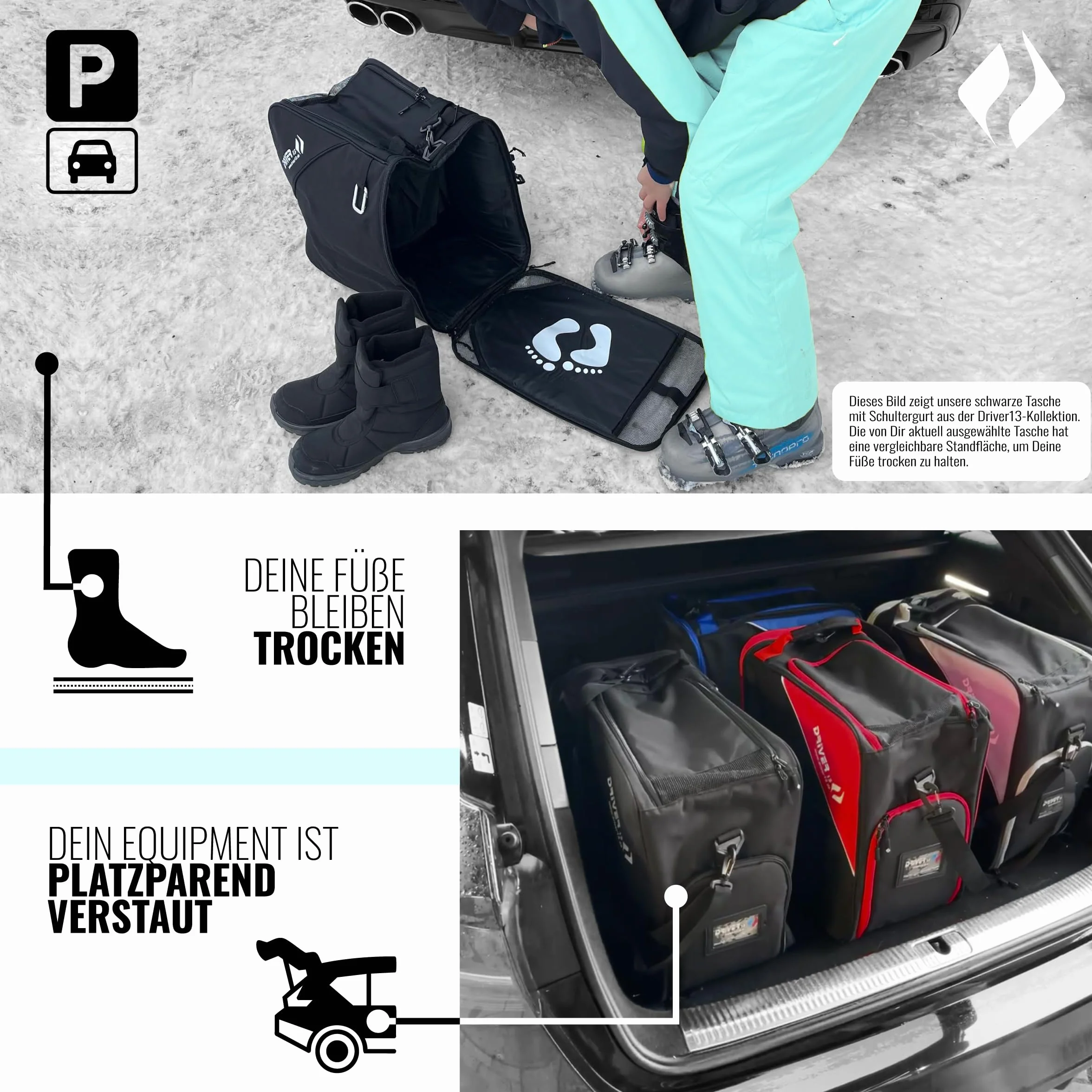 Driver13 ® Bolsa para Botas de Esquí con Compartimento para Casco, Negro-Gris