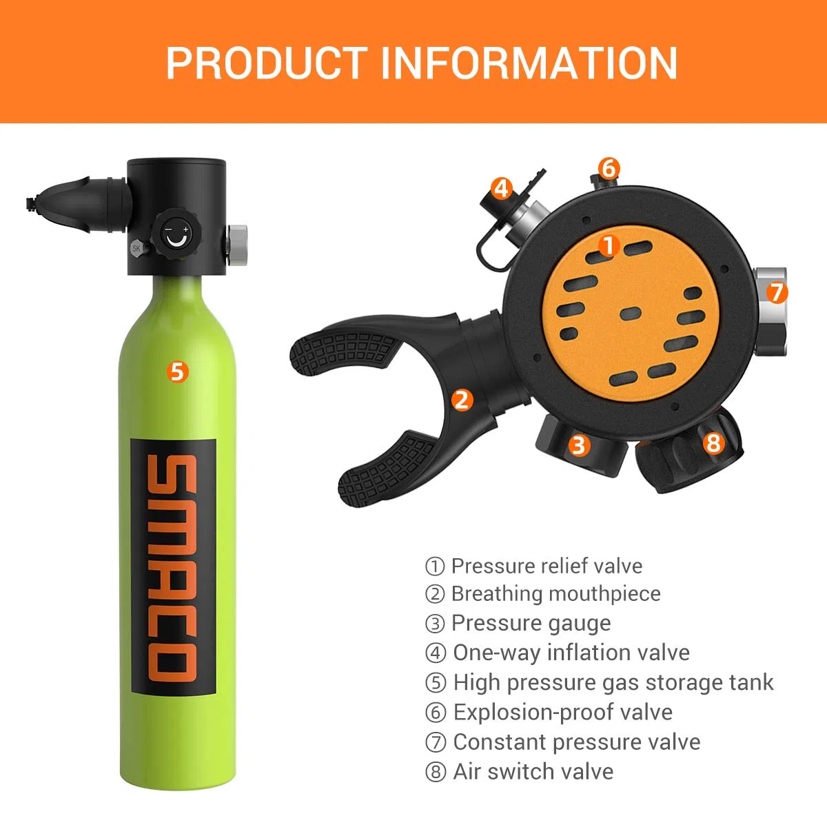 SMACO S500 Bombona de Buceo Pequeñas Portatil Mini Botella de Buceo de 0,7 litros con Capacidad de 10-15 Minutos Tanque de Buceo Recargable for Viajes Nadar Rescate