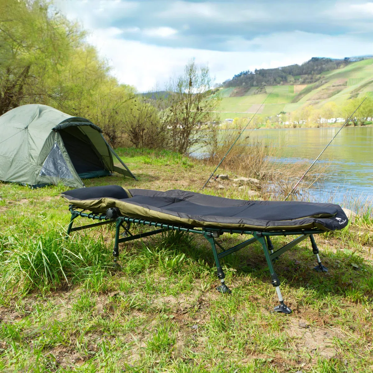 CampFeuer Tumbona de carpa XXL 210 x 85 x 45 – 60 cm, altura ajustable y estable con 8 patas, cama de campamento, cama de campo, cama de campo, cama de campo, cómoda acolchada