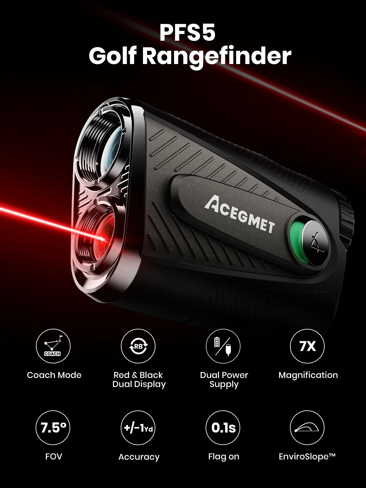 ACEGMET Telémetro de Golf con Distancia Bola-Bandera y Función de Inclinación - 1300 yd, Bloqueo de Bandera 0.1s con Vibración, Aumento 7X, Batería Híbrida Recargable, Pantalla Rojo/Negro, Imán