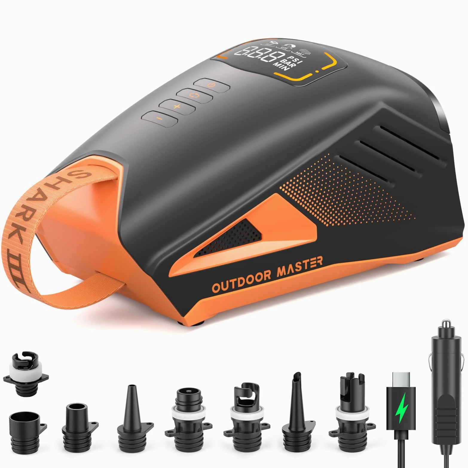 OutdoorMaster Shark 3 Bomba de Aire Electrica - Inflation Rapide en 3'50", 20PSI Sup Bomba Recargable pour Sup de 74Wh - Arrêt Automatique et Déflation, Entrée 12V/15,8V DC et Type-C, 8 Boquillas
