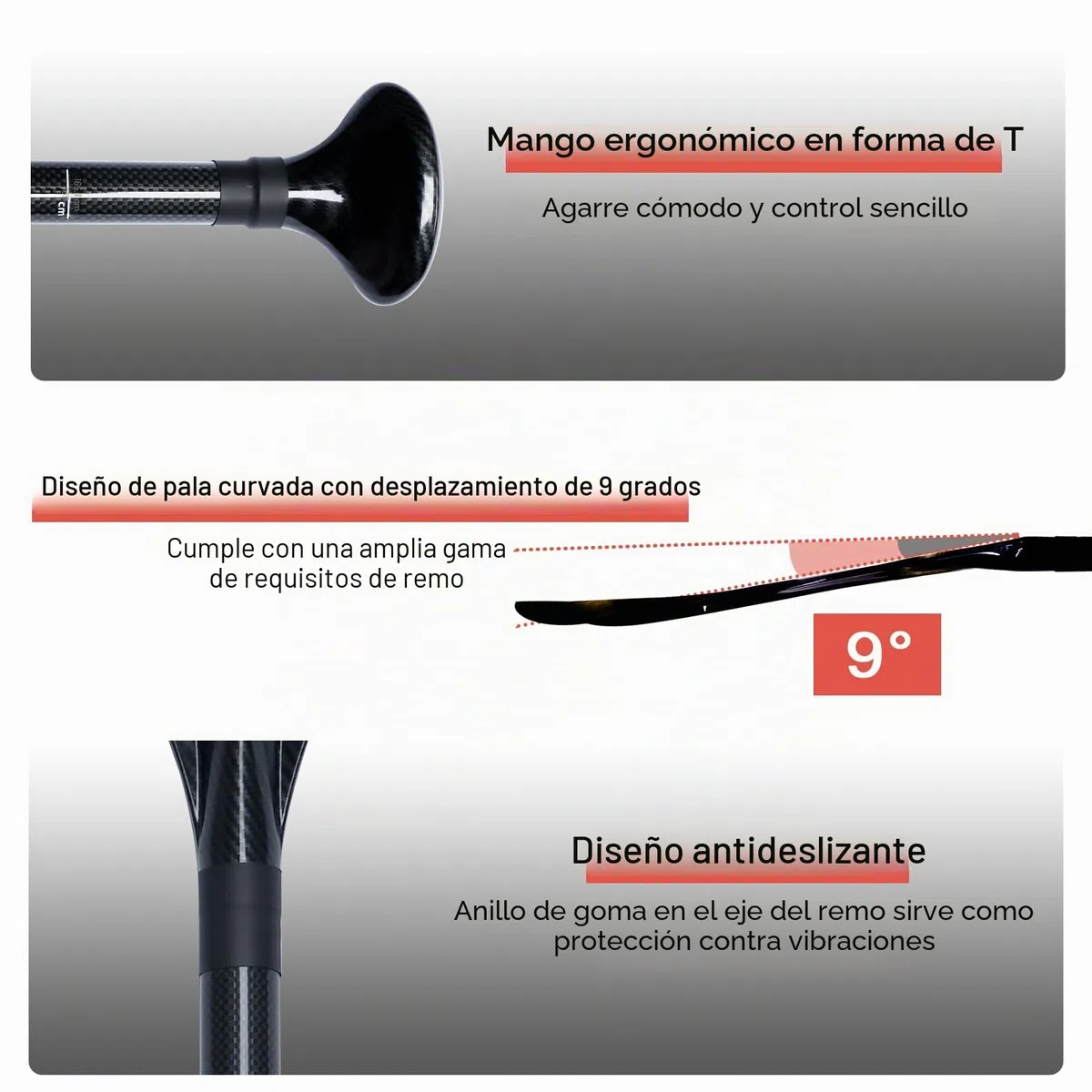 Remo de Carbono con Bolsa - 3 Piezas para Sup Kayak Stand-Up Paddling Board Velocidad Profesional - Remo Ligero 760 g Telescópico Ajustable 165-205 cm kajak Tabla de Surf Sistema enchufable