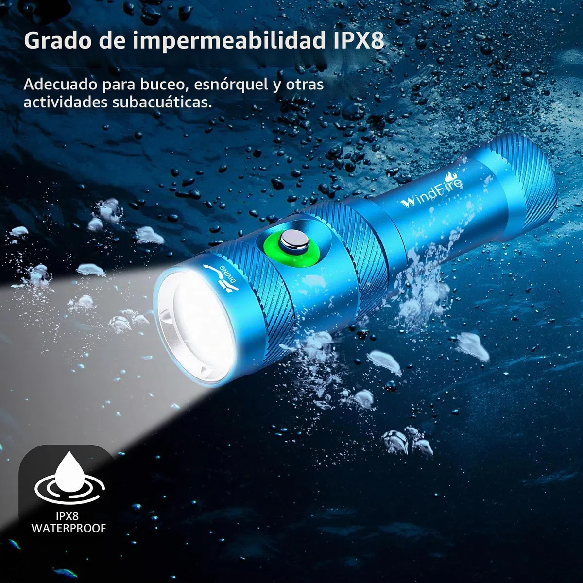 WINDFIRE Linternas de buceo, IPX8 impermeable profesional recargable luz de buceo, linterna submarinismo
