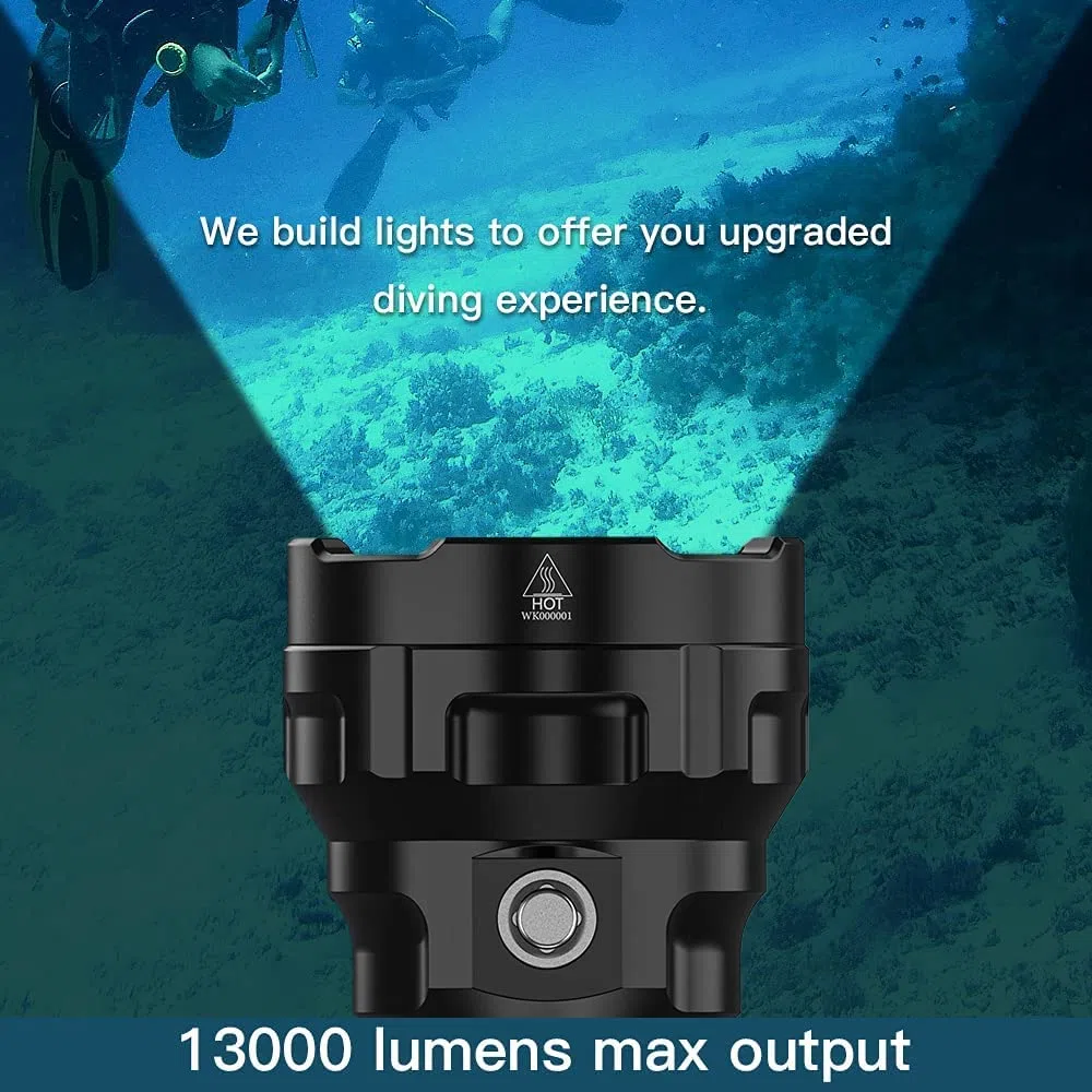 Wurkkos DL70 Antorcha subacuática de buceo, 13000 lúmenes, 4 * XHP50.2 LED, Super brillante, 2*5000 mAh Dispositivo recargable y cargador