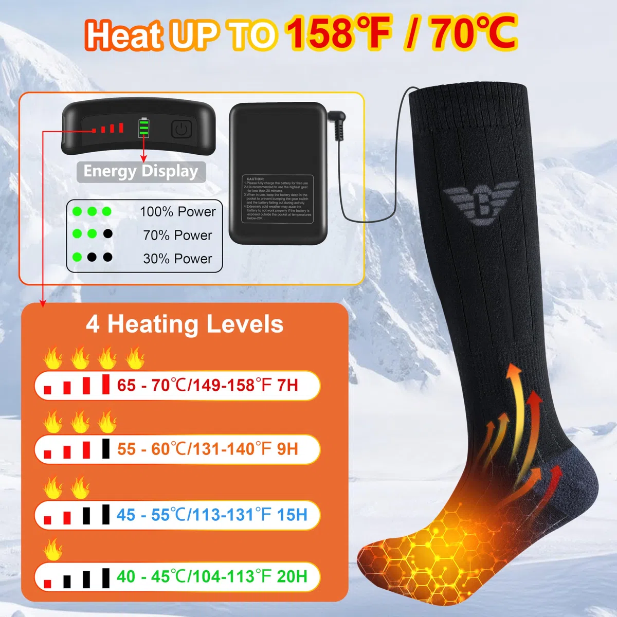 Calcetines Calefactables Hombres Mujeres - 7.4V 3000mAh Calcetines Electricos Calefactables, ​para Esquiar Acampar Pescar