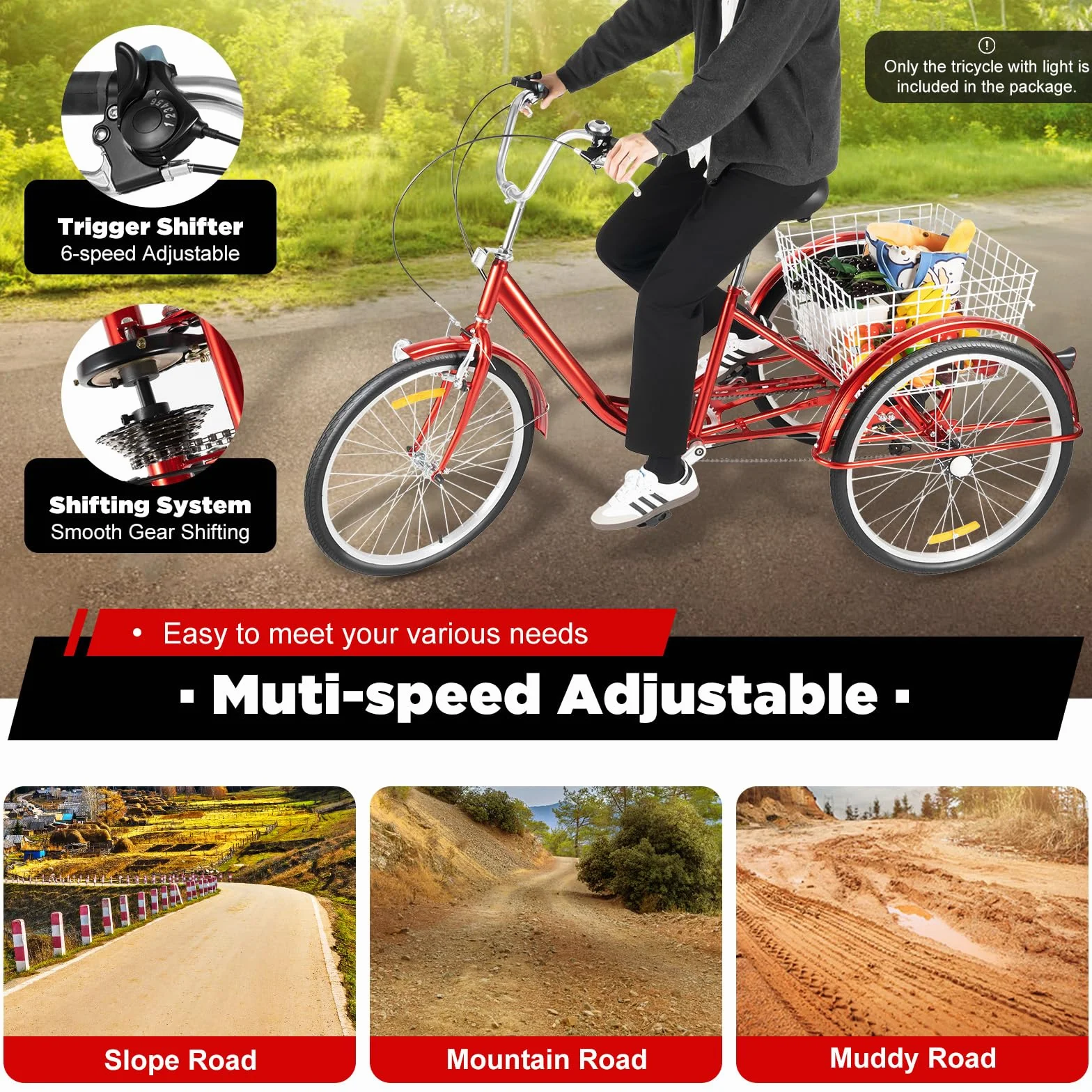 Triciclo para adultos, 20 pulgadas, 6 velocidades, 3 ruedas, con cesta de la compra, bicicleta para adultos, hasta 120 kg, triciclo de altura regulable, bicicleta de crucero para personas