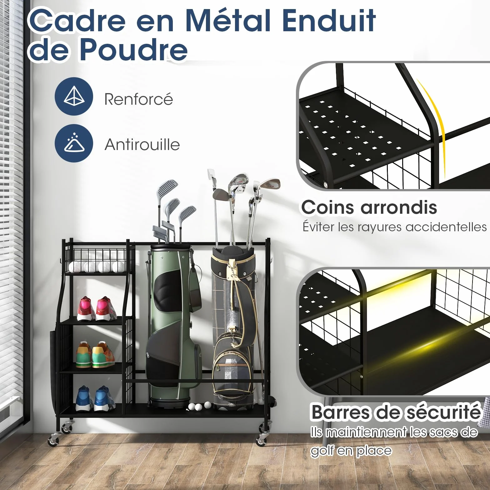 GOPLUS Organizador de almacenamiento para club de golf, estante de almacenamiento con ruedas bloqueables para 2 bolsas de golf y 8 palos de golf, 1 cesta, 3 estantes y 4 ganchos