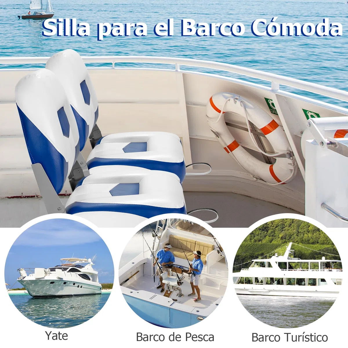 GOPLUS Juego de 2 Asientos de Barco, Silla Plegable para Barco Impermeable, Asiento Yate Ergonómico con Correas y Tornillos de Fijación, 42 x 50 x 52 cm, para Pescar, Pilotaje, Barco de Pesca (Azul)