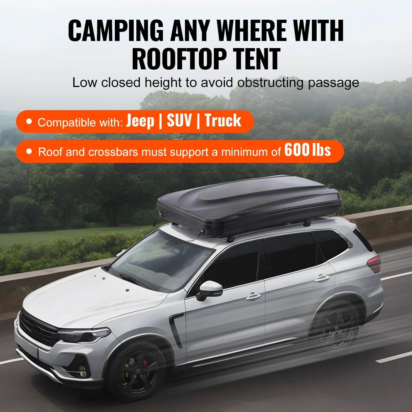 VEVOR Tienda de Techo Rígida para 2 o 3 Personas, con Escalera Telescópica y Colchón Grueso, Impermeable y Resistente al Viento para Camionetas Jeep, SUV y Furgonetas, 2140 x 1290 x 1040 mm, Negro