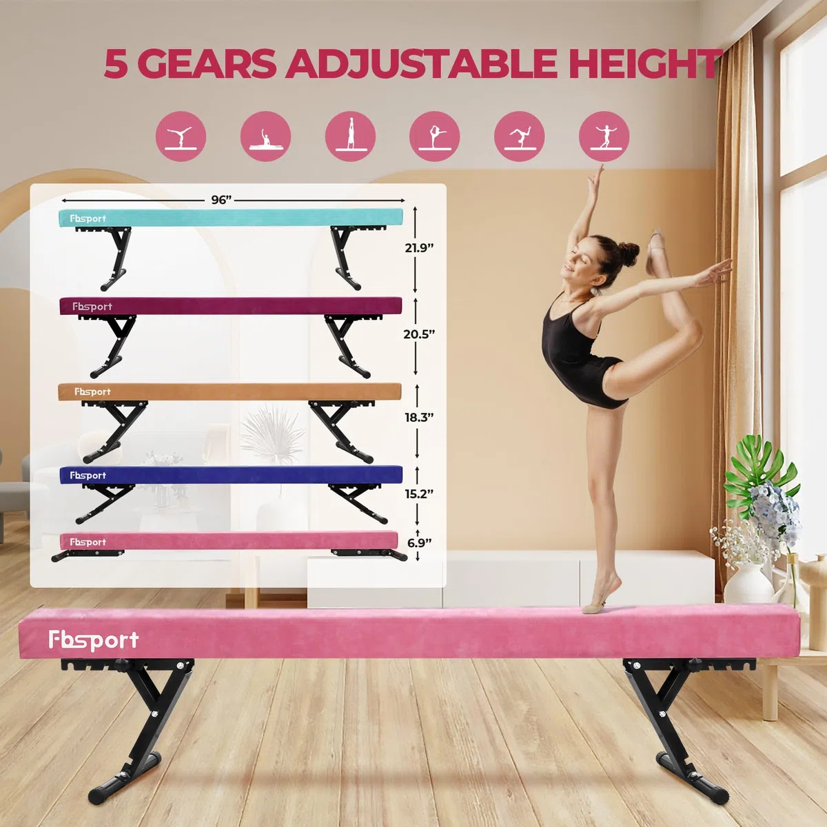 FBSPORT Barra Gimnasia artistica Alta,Barra de Equilibrio Gimnasia artistica Ajustable 244cm,5 Alturas Ajustables viga Estabilidad Equipos de Entrenamiento de práctica de Gimnasio para niño