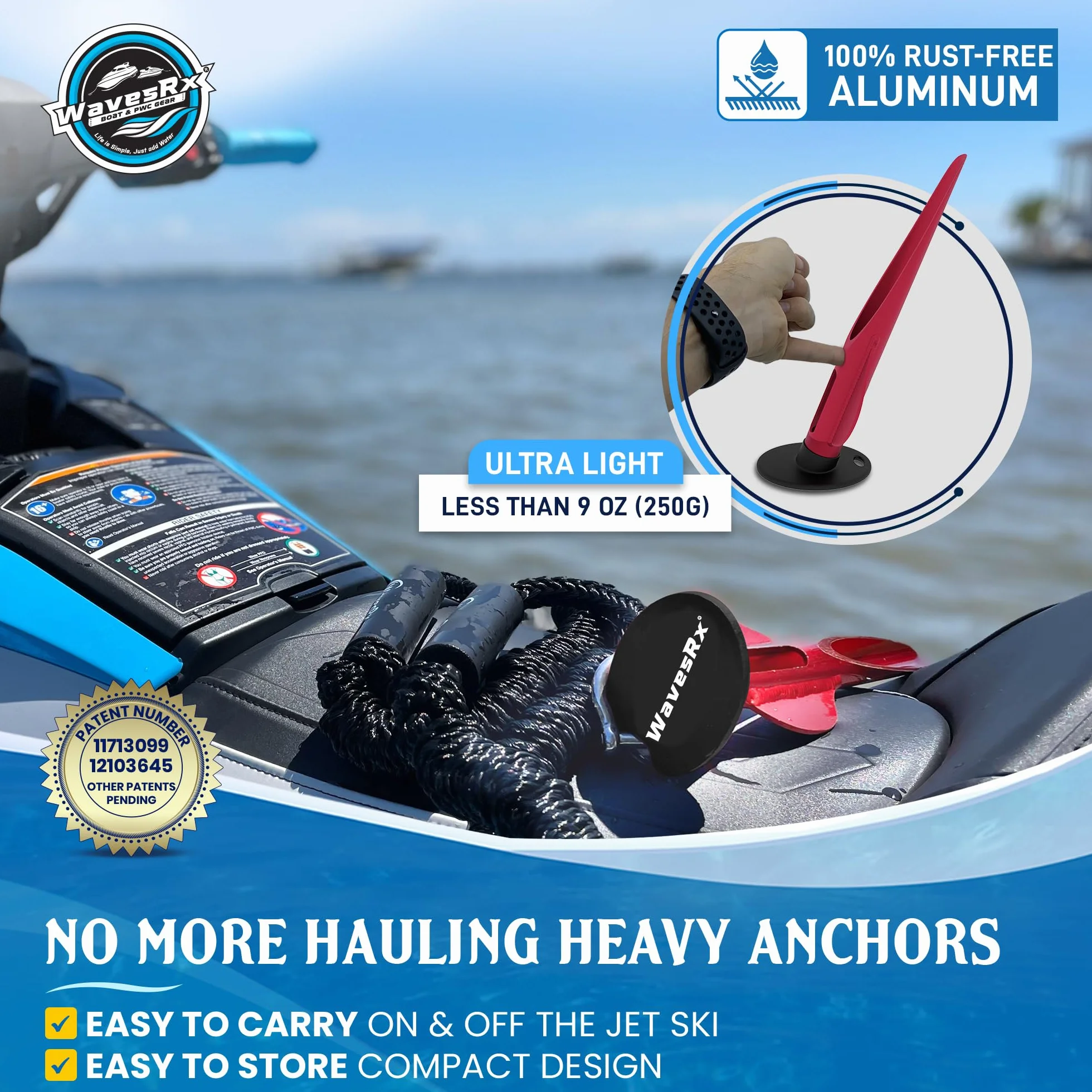 WAVESRX Ancla de Playa con púas de Aluminio patentada Ancla ultraligana para Motos acuáticas, Motos de Agua y Arena, Ideal para un fondeo Seguro de embarcaciones, pontones y Kayaks