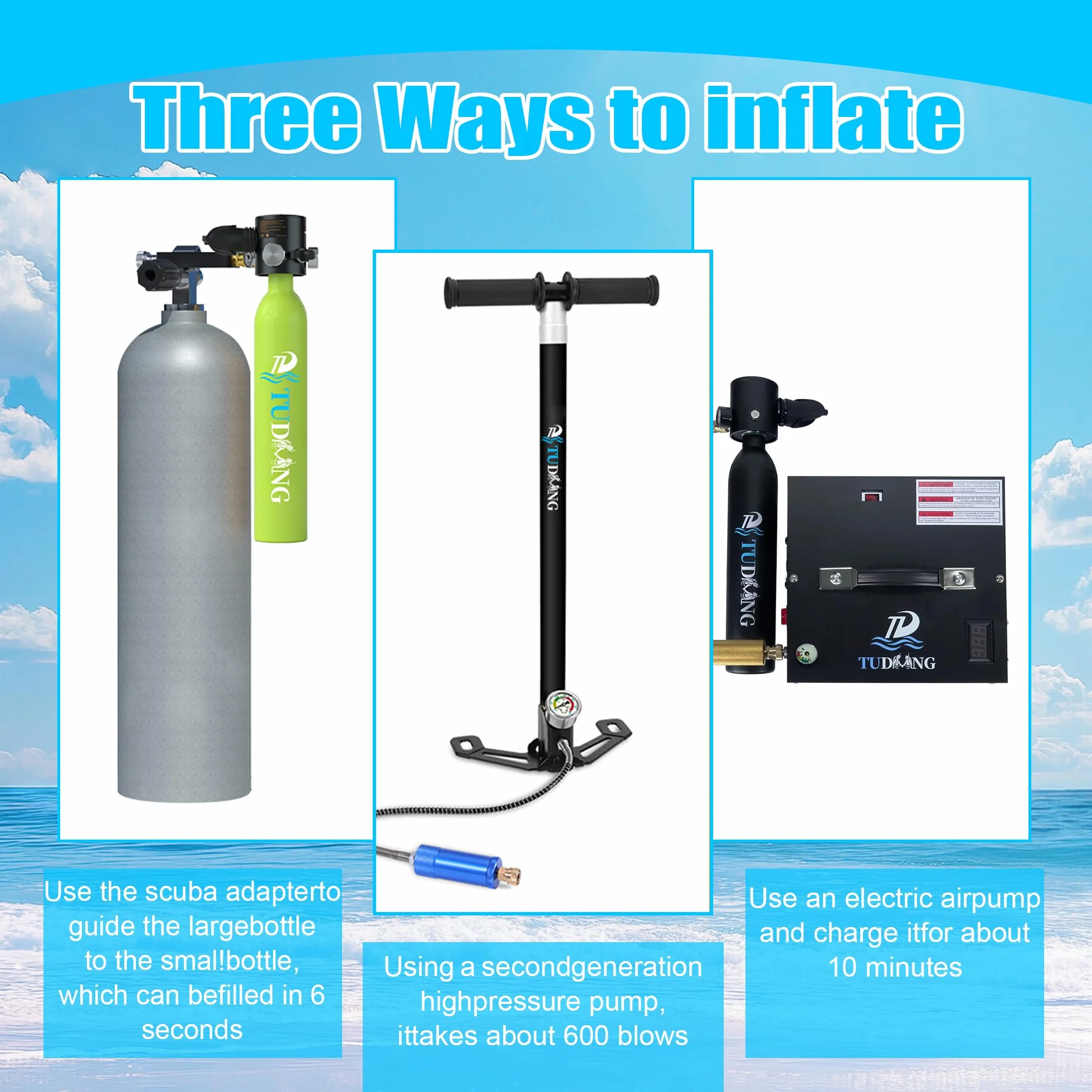 Kit de Tanque de Buceo TUDIVING de 0.5L, Mini Cilindro de oxígeno con máscara de Snorkel Facial Completa, Tanque pulmonar portátil con compresor de Aire