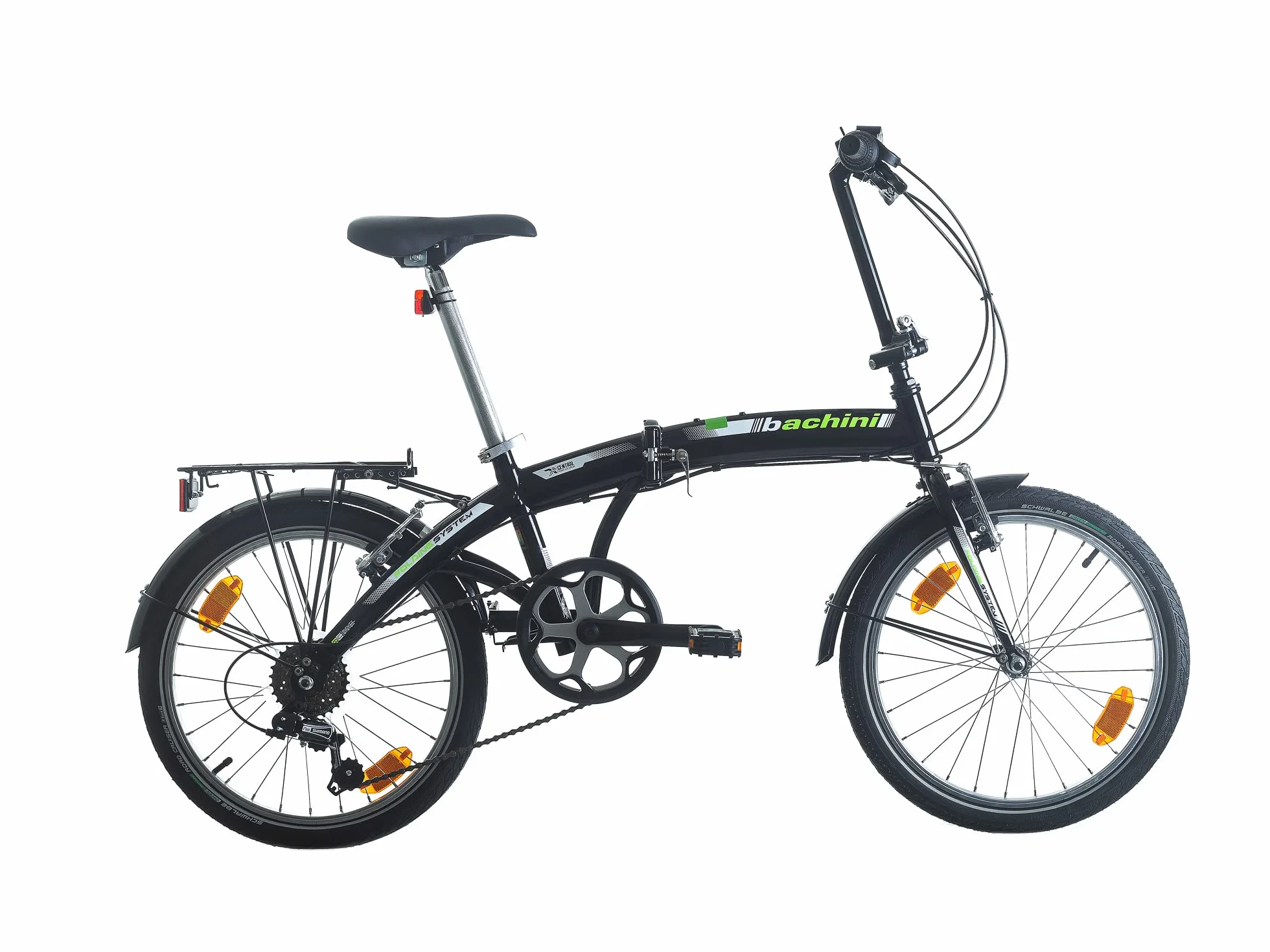 Multibrand Bachini Folding Modern Bicicleta Plegable 20 Pulgadas, 6 velocidades, V-Brake, Guardabarros, Timbre, para Adultos y Adolescentes, Adecuada para 155–185 cm (Negro con Verde y Blanco)