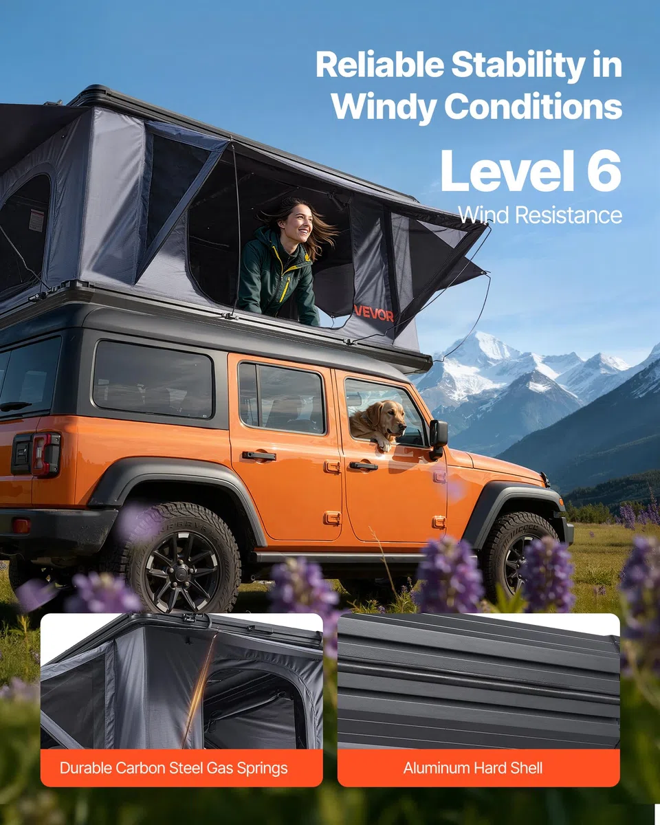 VEVOR Tienda de Techo Rígida para 2-3 Personas, Tienda de Campaña para Techo de Coche con Luz LED, Colchón Grueso y 2 Ventanas, Impermeable y Resistente al Viento, para Jeep, SUV, Camionetas