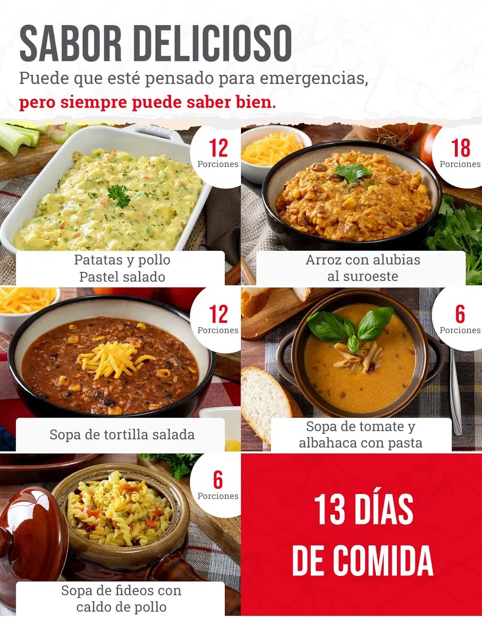 ReadyWise, 120 raciones, sólo almuerzo y cena, 13 recetas diferentes, cubo para llevar, liofilizado, Hasta 25 Años de Vida Útil, 7 días para 2 personas