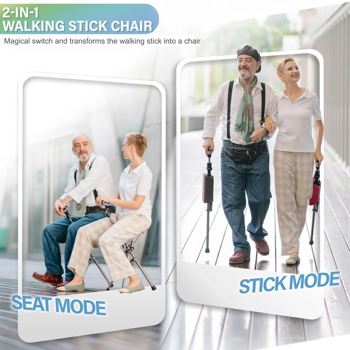 Ta-Da Chair Pro - Bastón con Asiento, Taburete Plegable de Aluminio (Máx. 120kg), Diseño Compacto para Viajes y Turismo - Negro, Ajustable
