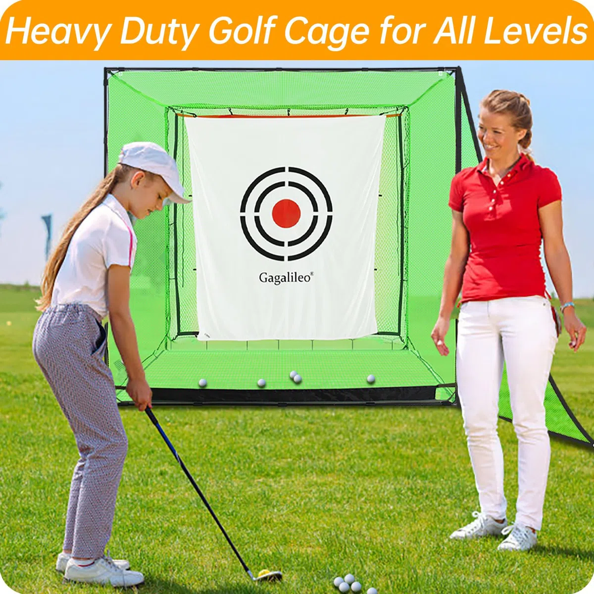 Galileo - Red de golf para entrenamiento de conducción, doble tope trasero con objetivos de ayuda al entrenamiento, red de retorno automático de bolas para jardín, 2,1 x 2,1 x 2,1 x 2,1 m, interior