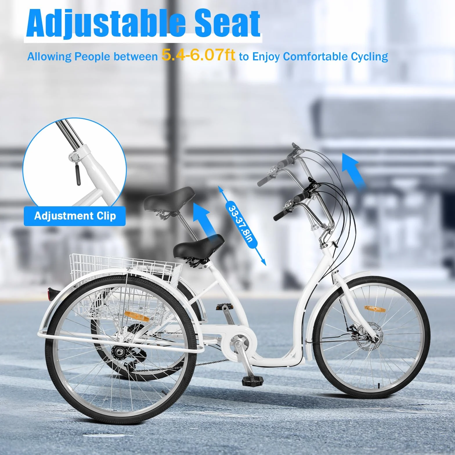 Triciclo adulto de 26 pulgadas, 6 velocidades, soporta 264,55 lbs ajustable para personas mayores, bicicleta de crucero, bicicleta de compras, adecuada para personas mayores para conducir
