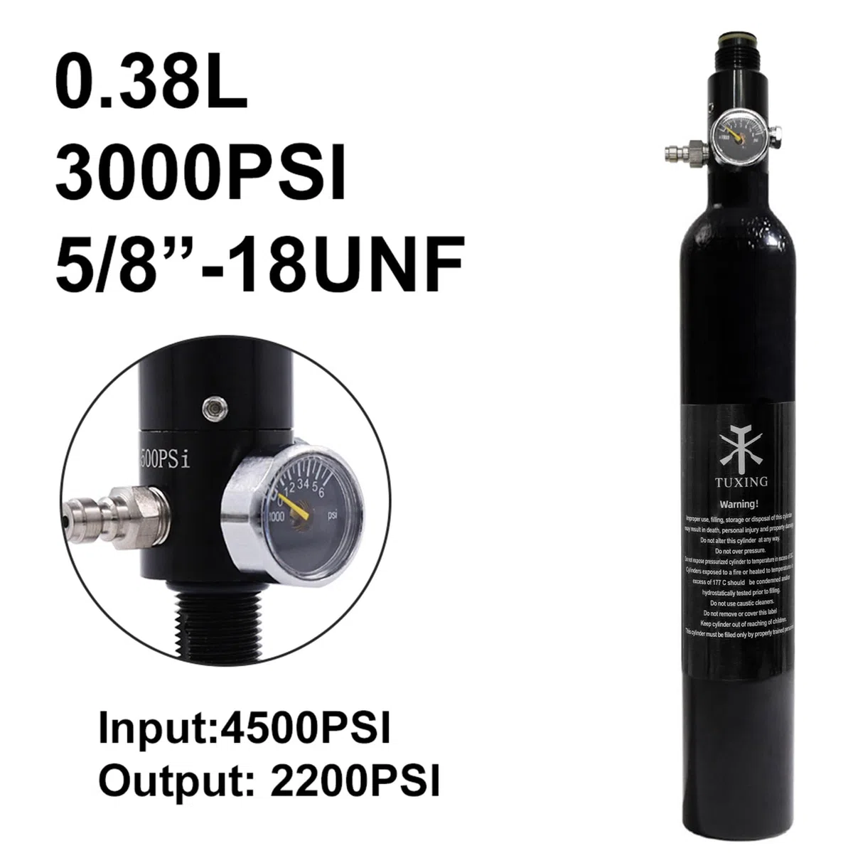 TUXING 4500Psi/300Bar PCP Paintball Tanque 0.38L 4500psi CE Aprobado Cilindro de Aluminio con Paintball Regulador Válvula Regulador Manómetro Presión de Salida:2200psi-5/8-18UNF