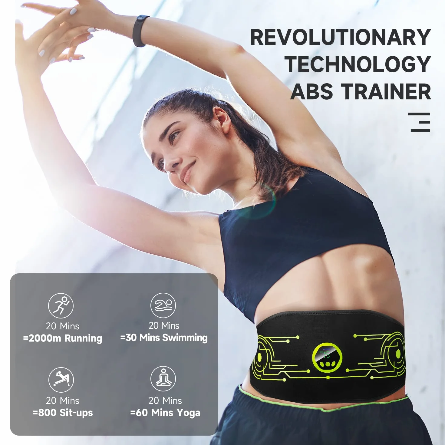 EMS Electroestimulador Muscular, Abdominales Electroestimulacion, Abdominales Cinturón, Masajeador Eléctrico Cinturón, 6 Modos y 15 Niveles de Intensidad (Hombres/Mujeres) - Verde