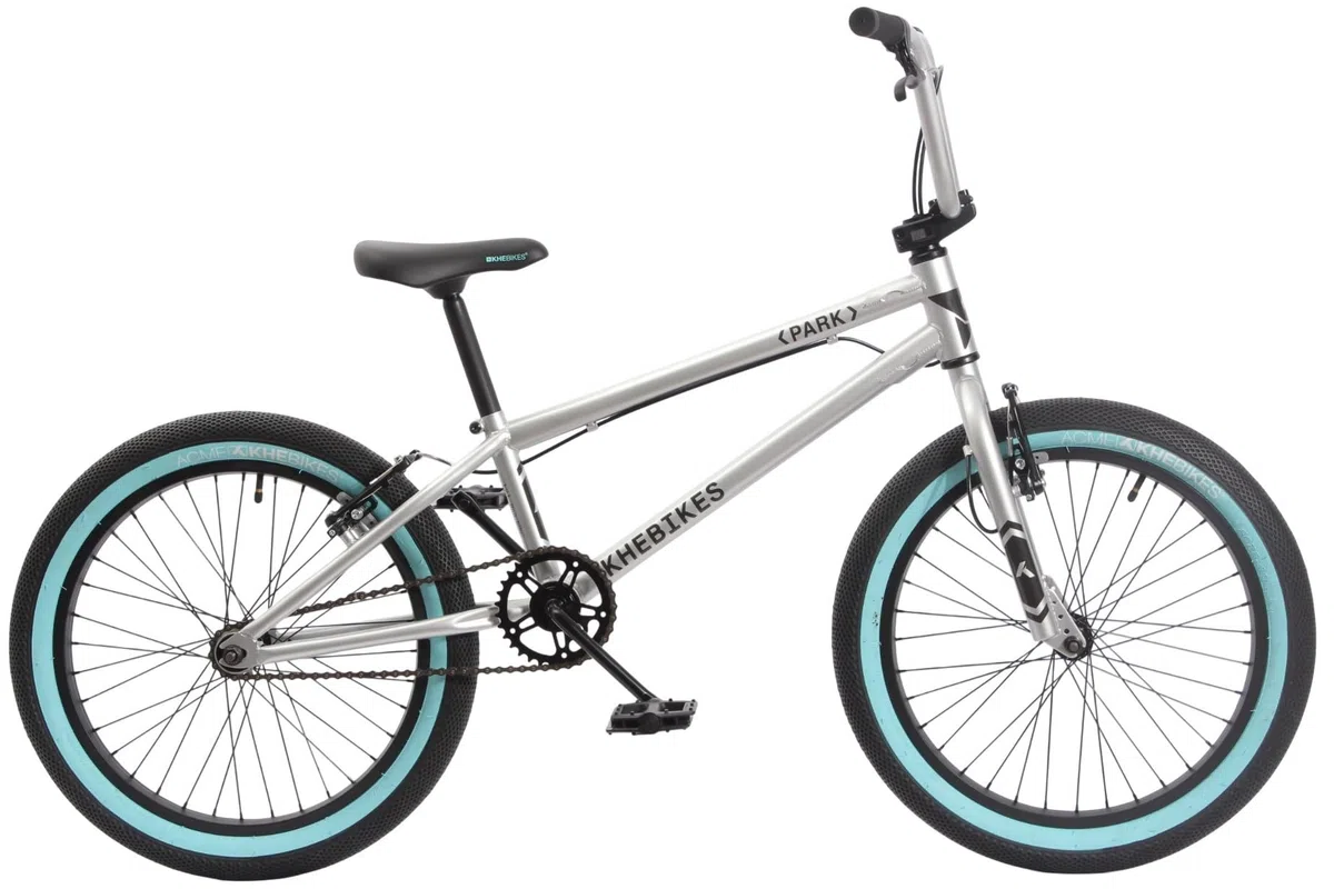 KHE Park Bicicleta BMX de 20 pulgadas – 11,1 kg ligera – Freestyle Bike para principiantes y avanzados – Frenos V – Tubo superior de 19,5 pulgadas – Plata turquesa – Modelo 2025