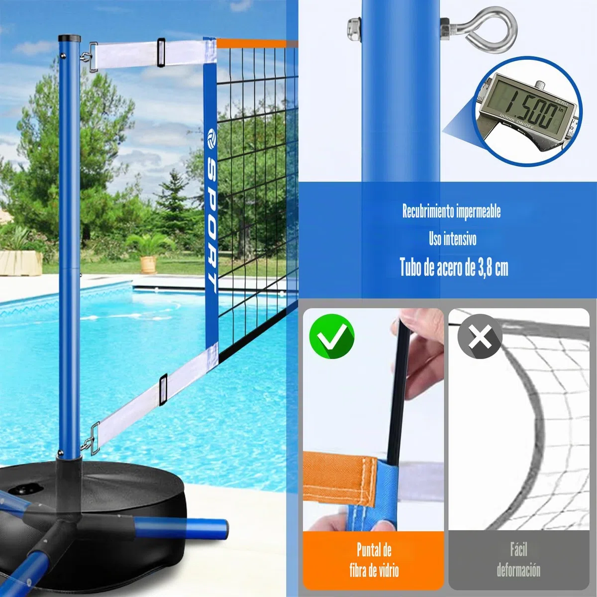 Red de Voleibol para Piscina, portátil, para Interior y Exterior, con 2 Pelotas de Agua y Base Resistente, Longitud Ajustable de 15 a 25 pies