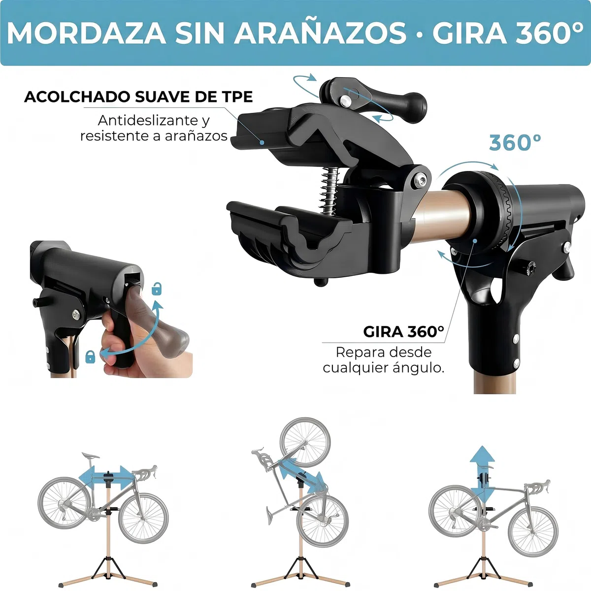 BRS04A - Soporte de reparación de bicicletas, 2 patas, negro, aluminio,