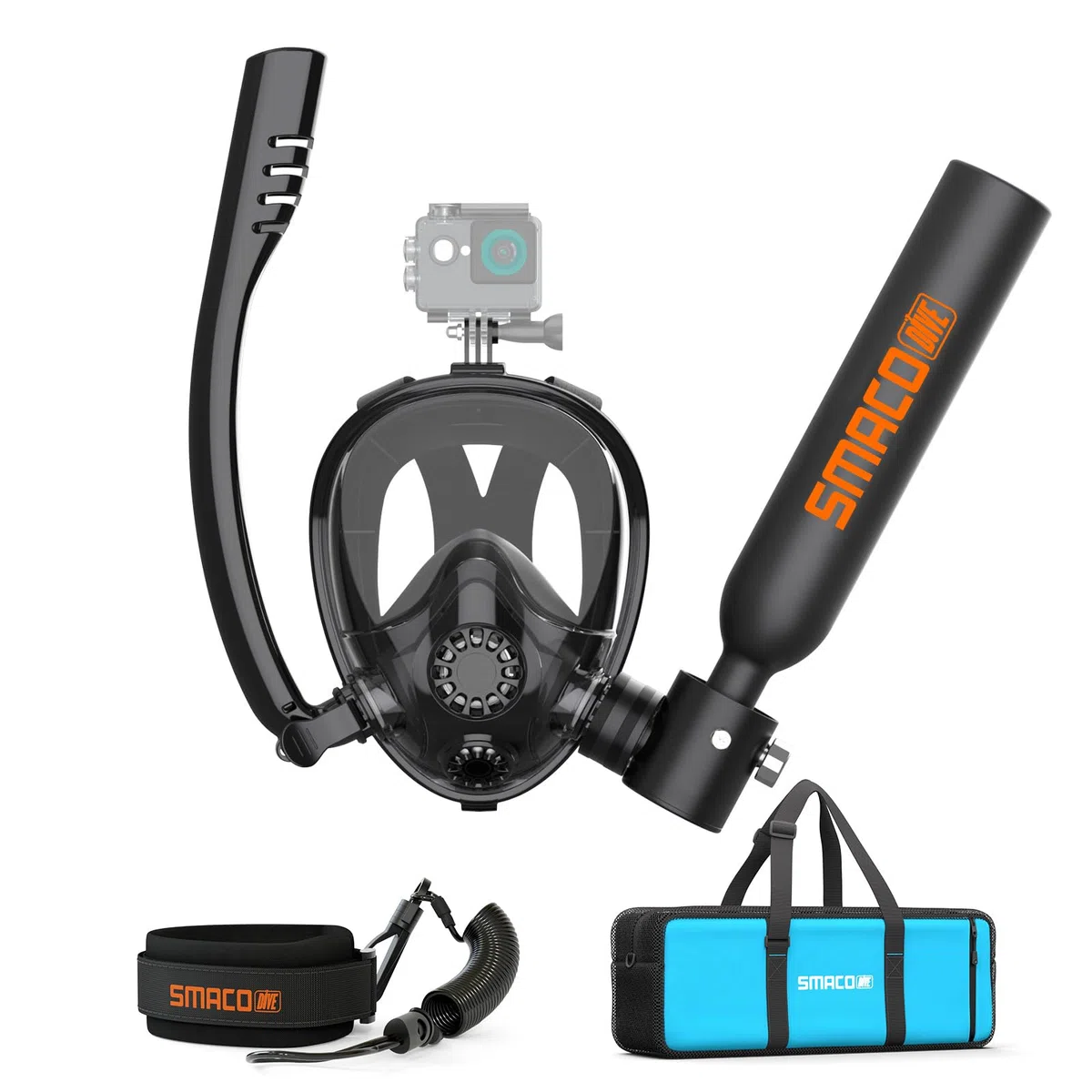 SMACO Tanque de Buceo Mini 0.5L con Máscara Completa y Snorkel - Sistema de Buceo Portátil para Snorkel en Aguas Poco Profundas, Equipo de Suministro de Aire de Emergencia