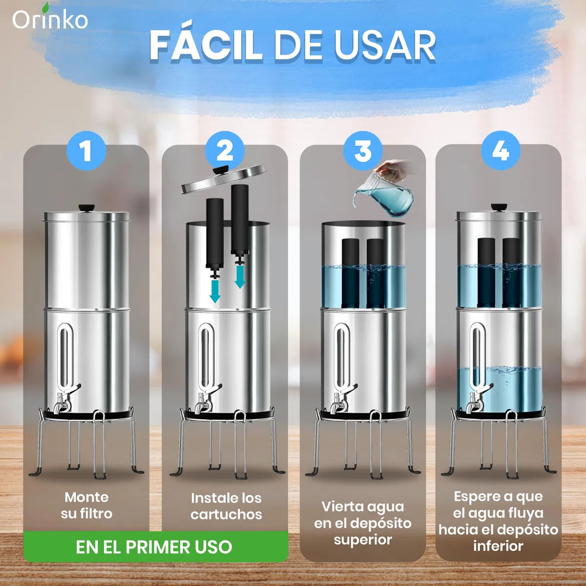 Filtro de Agua por Gravedad Purificador Doméstico Acero Inoxidable Carbón Activo Sistema Filtración Agua Potable Hogar Camping